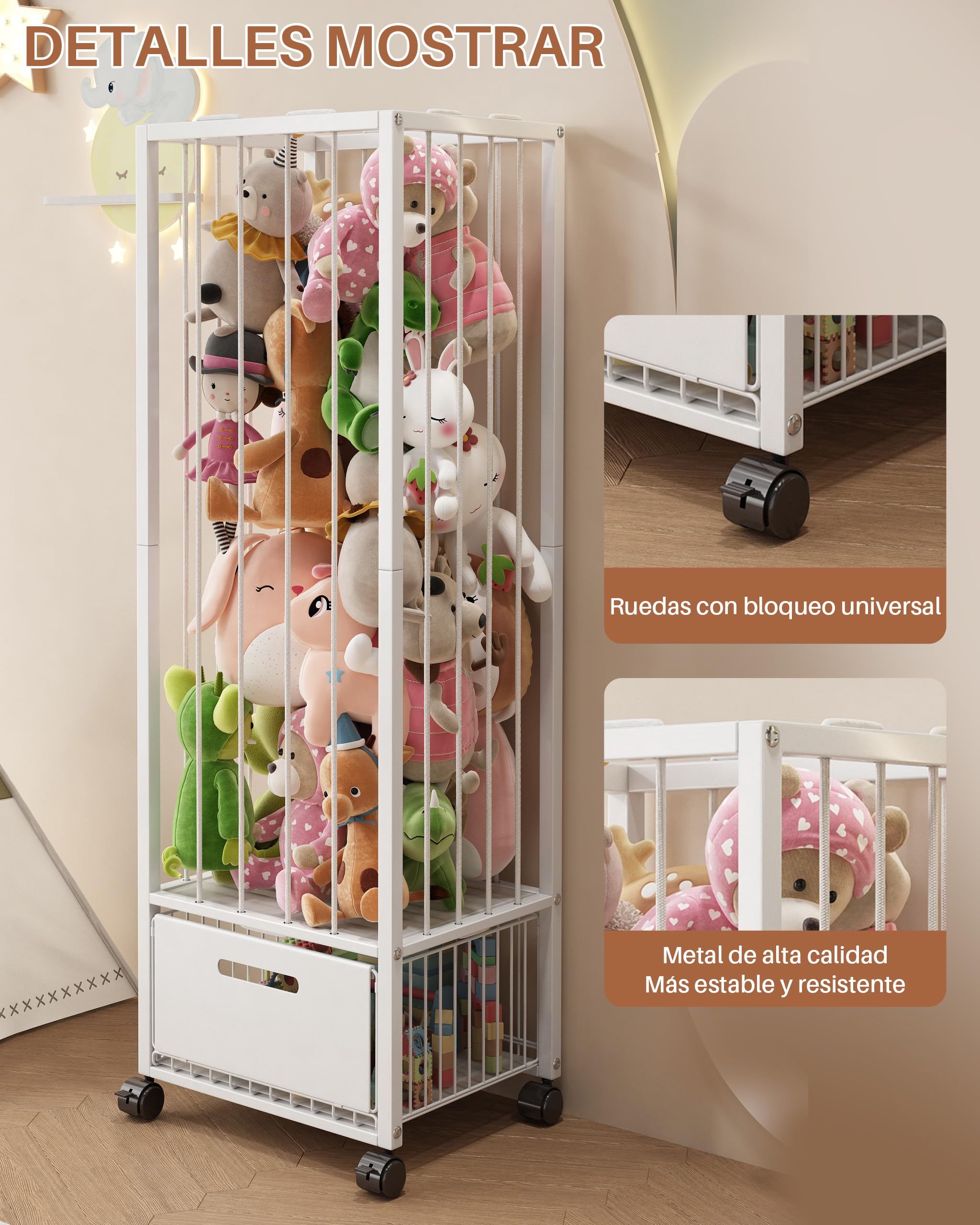 UMDONX Organizador de Juguetes con Ruedas 360° y Cajón | Armario de Almacenamiento para Peluches y Juguetes Infantil con Frenos (Blanco, 40x32x130 cm)