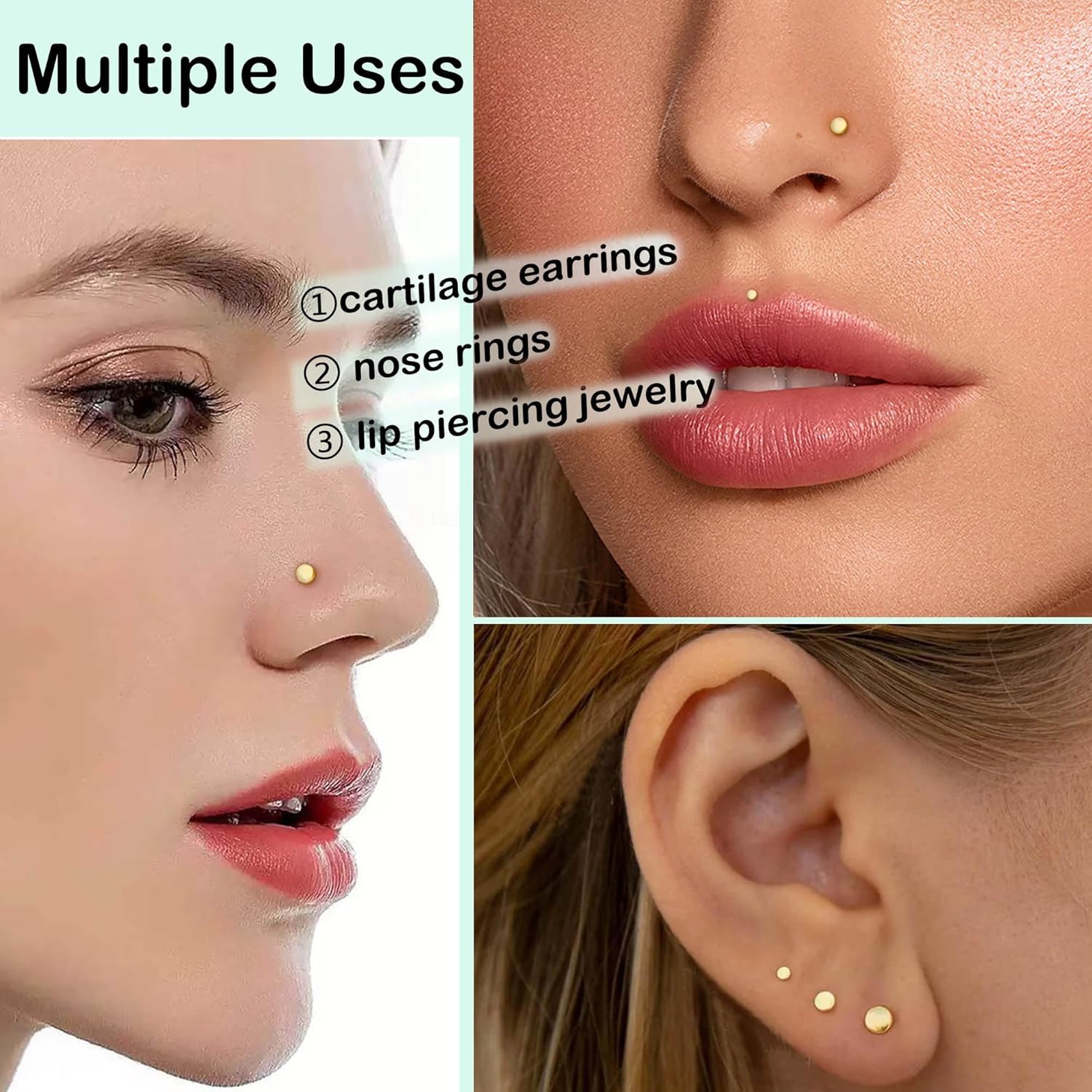 3Pairs 14K Gold Plated Disc Threadless Studs Earrings for Women, Surgical Steel Labret Studs Lip Rings, Push in Flat Back Nose Nostril Tragus Helix Piercing Jewelry for Women 18G - Image 3