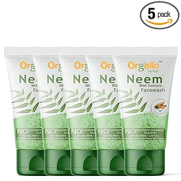 Orgello Herbal Neem And Turmeric Face Wash | 5 X 60 ml |Neem Extract | Turmeric Extract | Vitamin E | Paraben And Sulfate Free | Men women Boys Girls | All Skin Types | Pack of 5