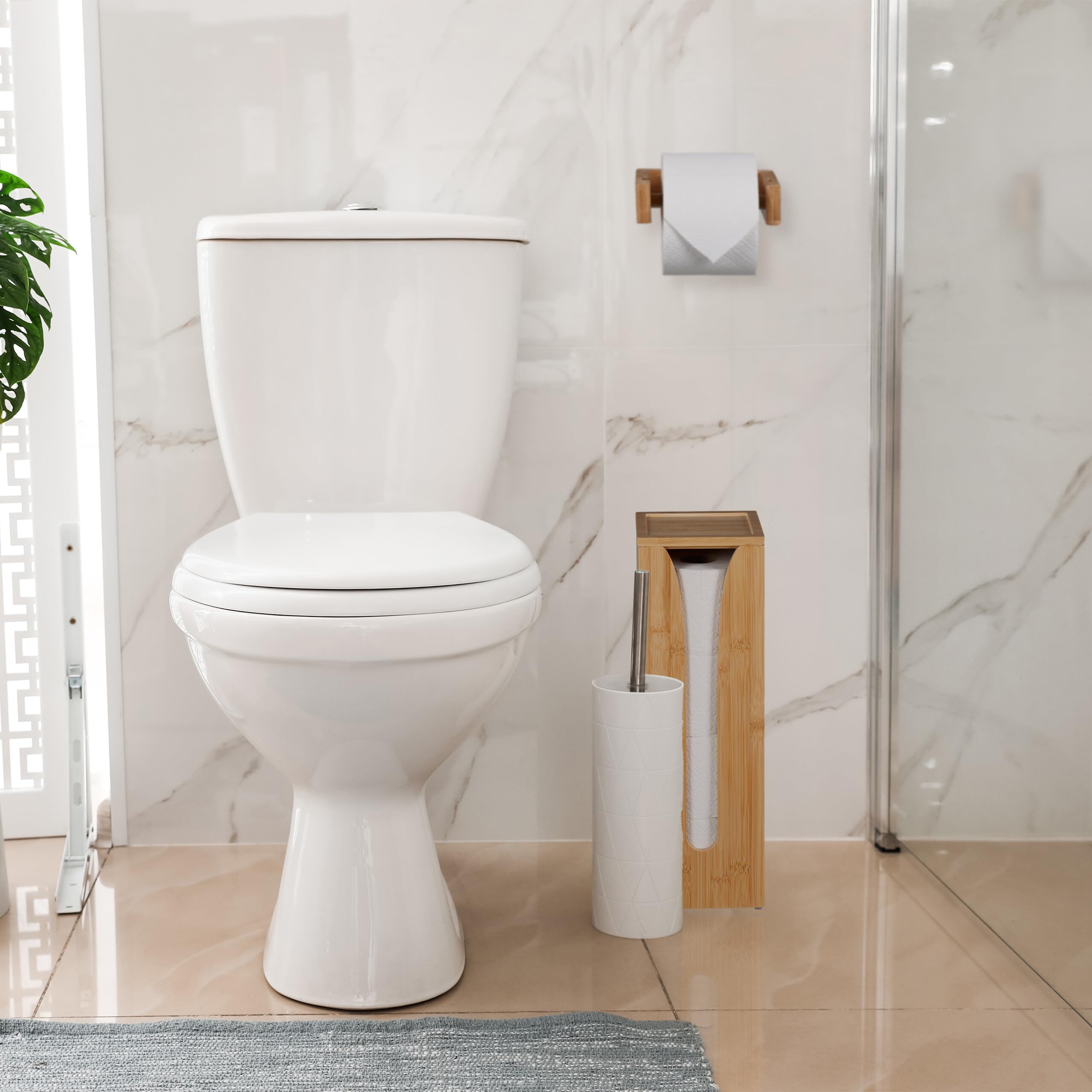 Relaxdays Lot avec Support à Papier Toilette, Bambou, 4 Rouleaux, à Fixer au Mur & Compartiment Non Fixe, Nature