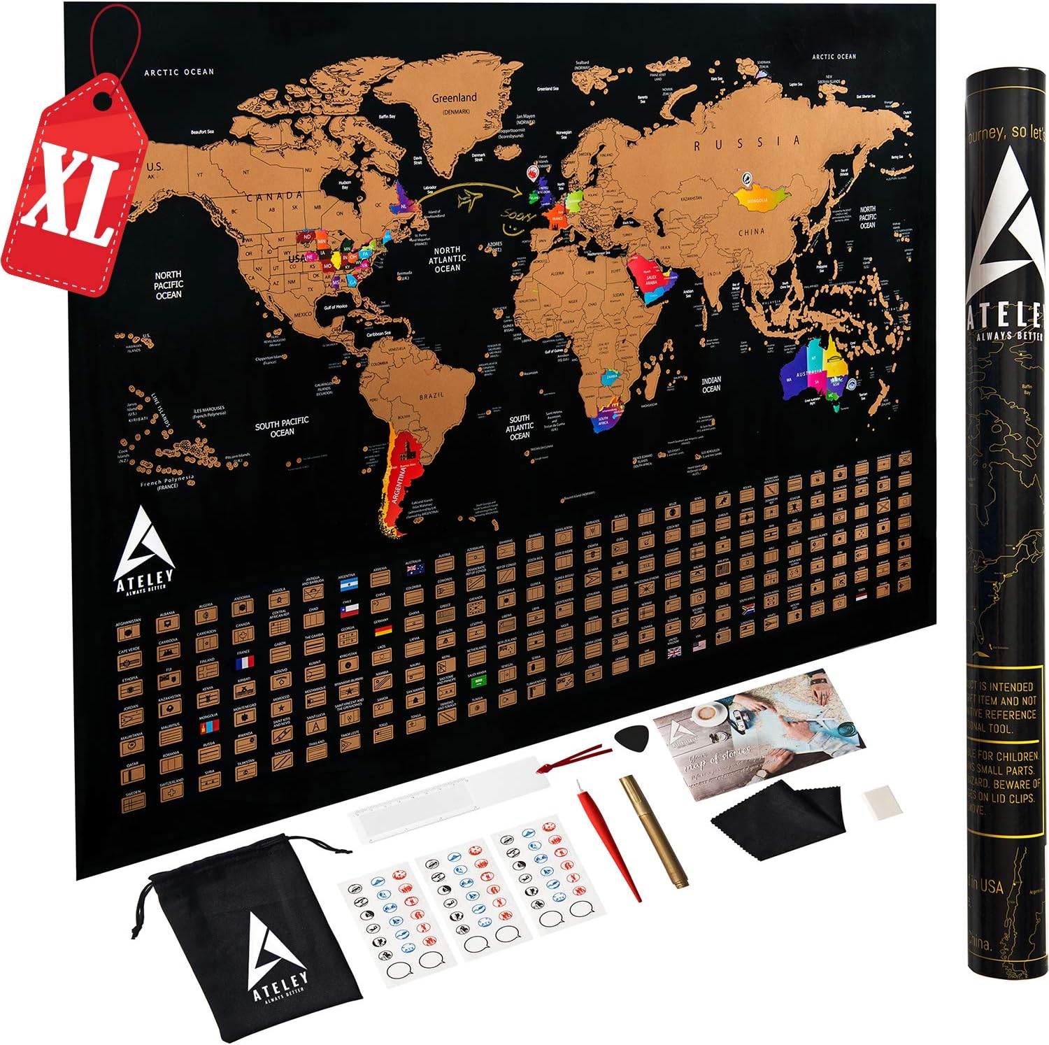 Scratch off Map of the World XL Poster - US States outlined - Extra Large size 33"x24", Deluxe packaging and 11 Accessories, Personalized World Travel Map with Country Flags as a perfect gift