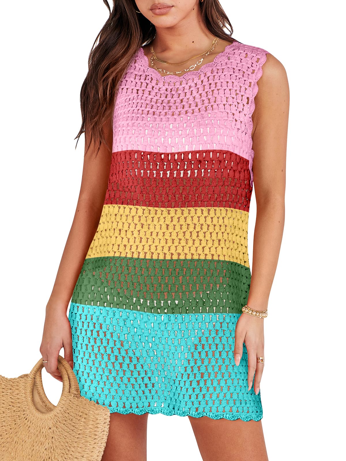 ANRABESSWomens Swimsuit Cover Up Sleeveless Knit 2024 Summer Outfits Swimwear Bathing Suit Coverup Crochet Beach Dress