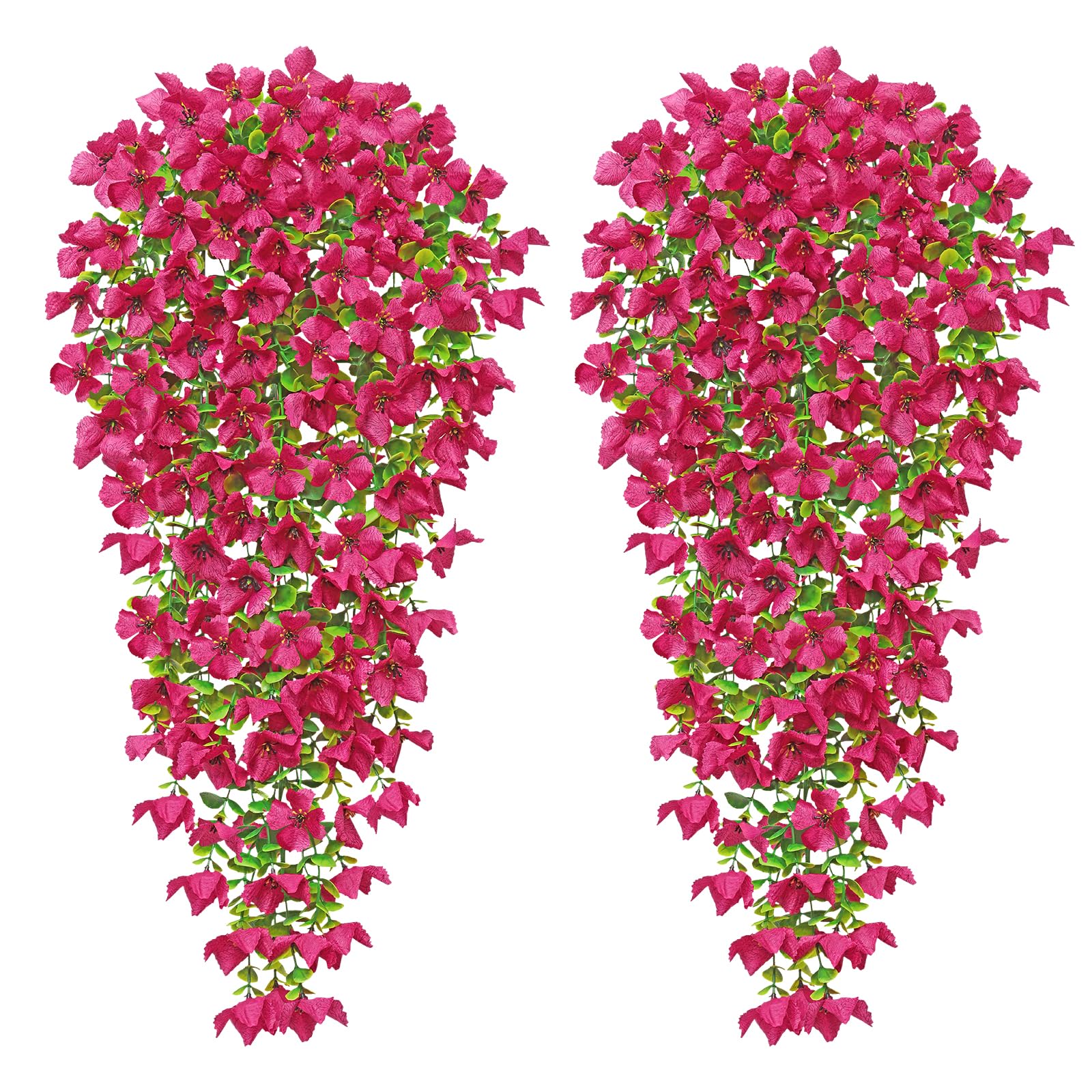 MEIVINES 2PCS Artificial Hanging Flowers 77cm Artificial Hanging Plants Outdoor UV-Resistant Fake Hanging Flowers Bouquet Artificial Flowers for Hanging Baskets Garden Wall Home Decoration(Rose Red)