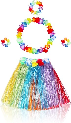 Miniatura 8 de Fortuning's JDS Falda hawaiana de hierba hula para niña, con flores elásticas a juego, juego de disfraz para fiesta de playa tropical Luau