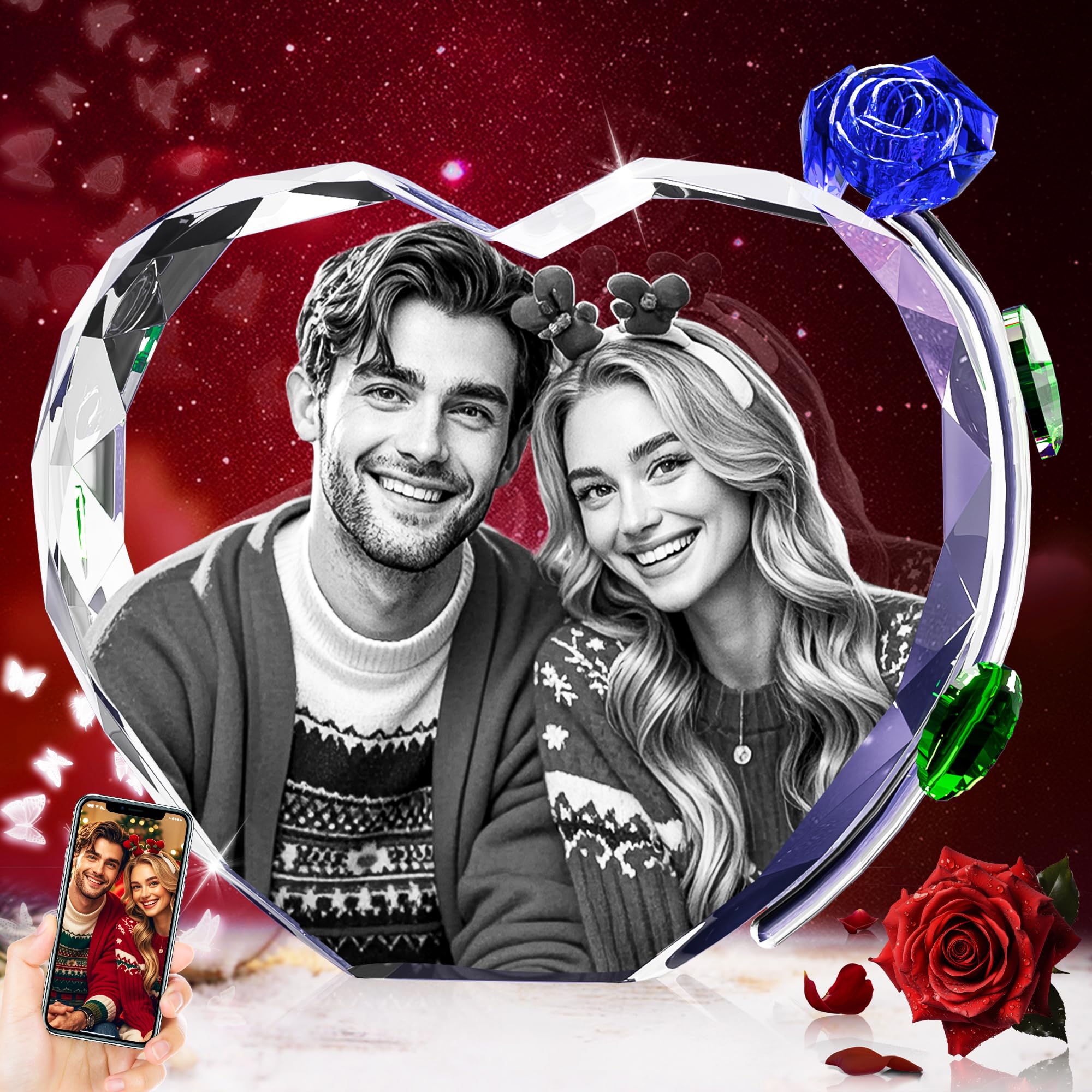 3D Crystal Photo with Blue Rose, Christmas Personalized Gifts for Women, Wife, Her, Him, Mom, Women, Men，Great Xmas Custom Gift，Customized Glass 3D Laser Etched Picture for Birthday, Memorial, Heart