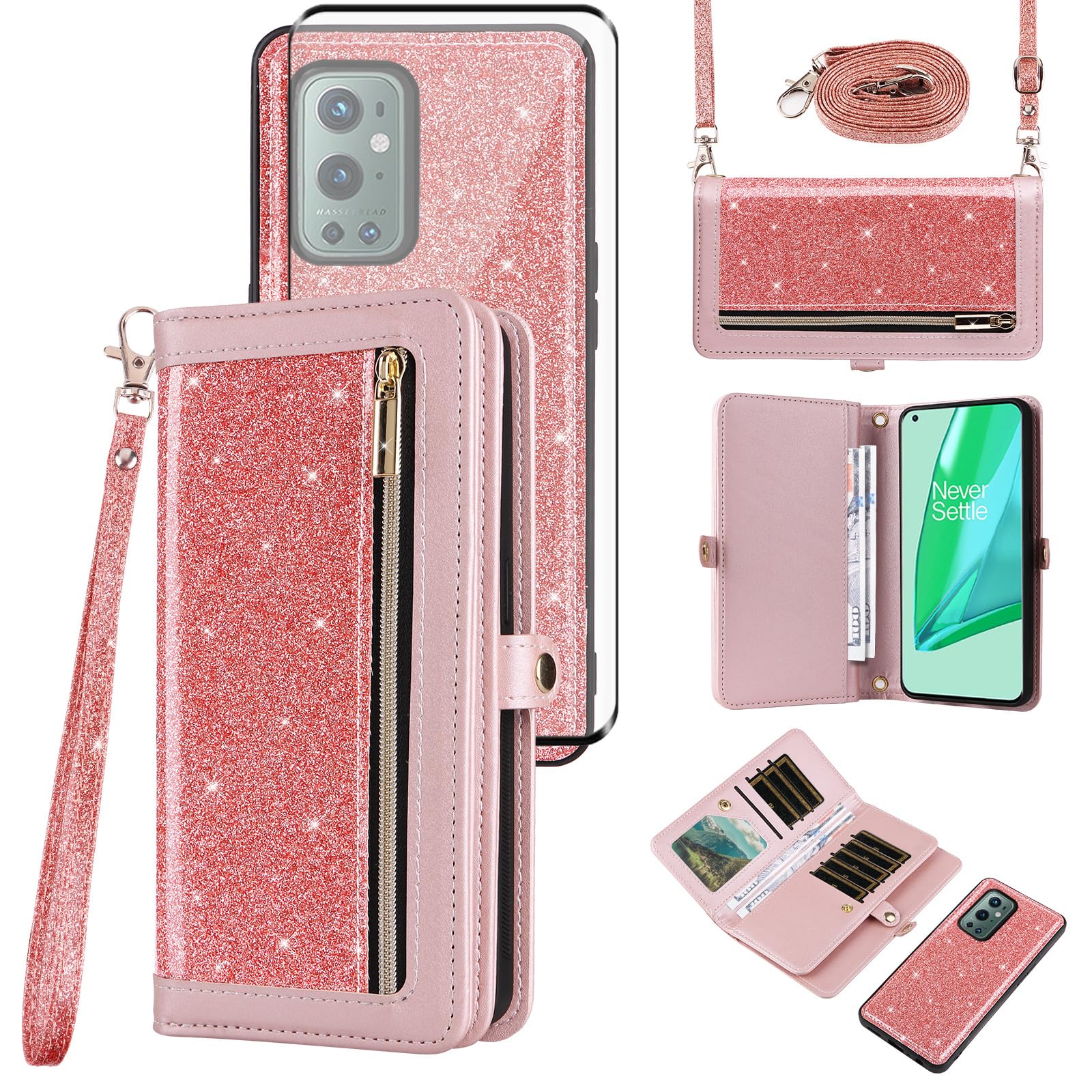 Asuwish Phone Case for OnePlus 9 Pro One Plus 9Pro 5G Zipper Wallet Cell Cover with Tempered Glass Screen Protector Strap Bling Glitter Flip Card