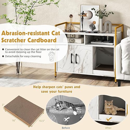 Miniatura 5 de PETSITE Caja de arena para gatos, armario de arena con rascador para gatos, gabinete de almacenamiento de 2 puertas, 2 compartimentos abiertos y