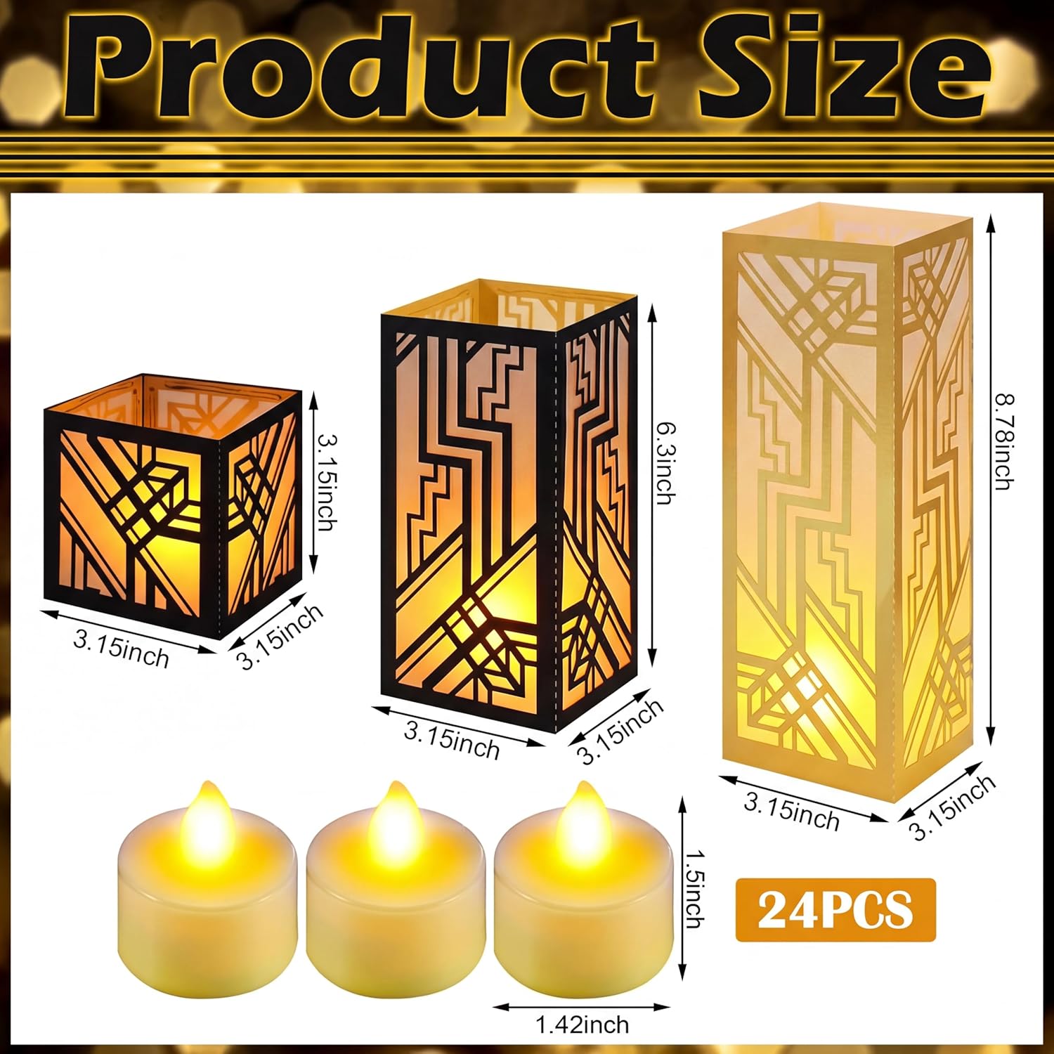 Rossesay 24 Pcs Roaring 1920's Centerpieces for Table 3 Size Speakeasy Black and Gold Party Paper Lantern Boxes for 1920s Birthday Vintage Flapper Wedding Speakeasy Party