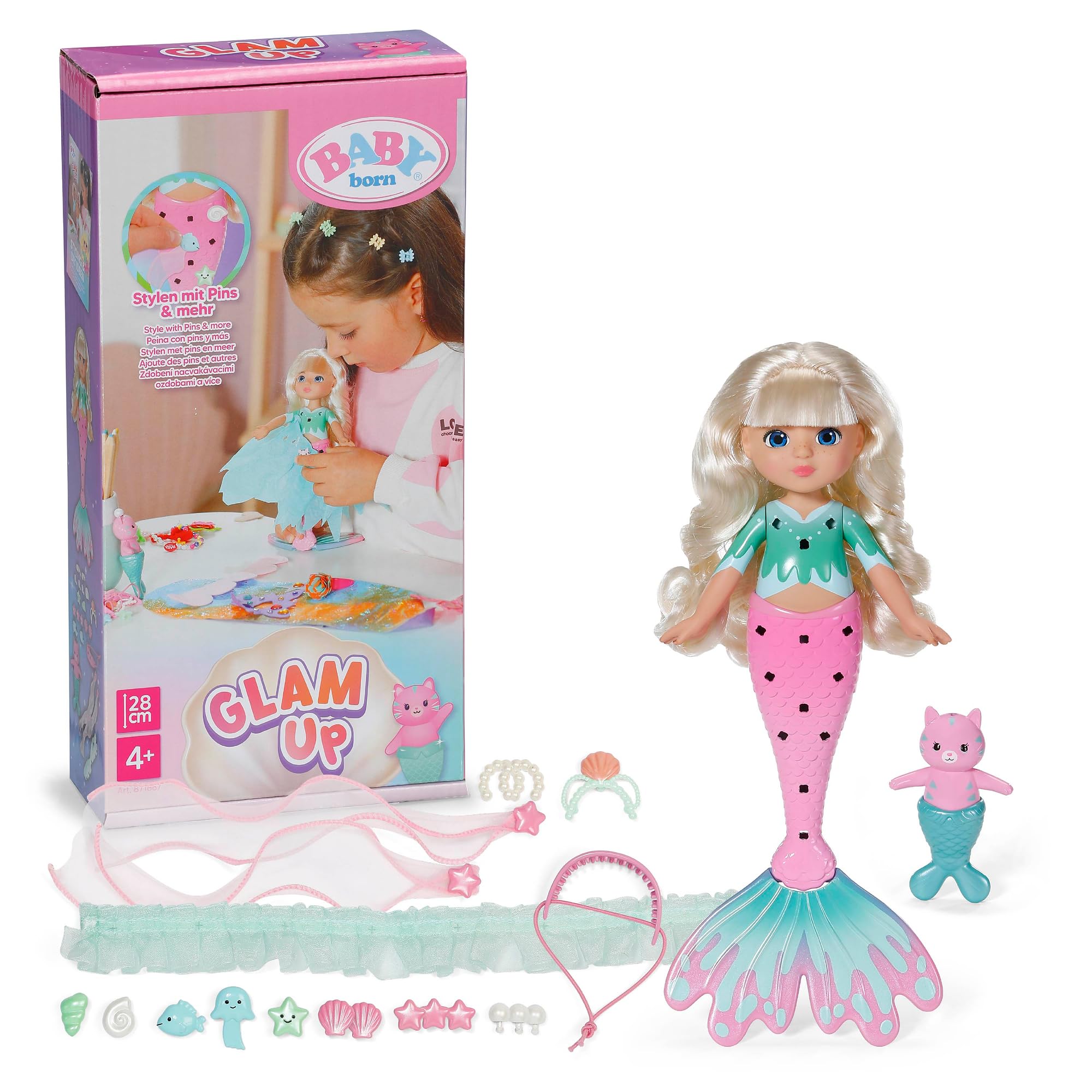 Baby born Glam Up Sparkle Sirena con Accesorios de Peinado | Efecto de color UV, accesorios de tela, horquillas para el pelo, amigo animal