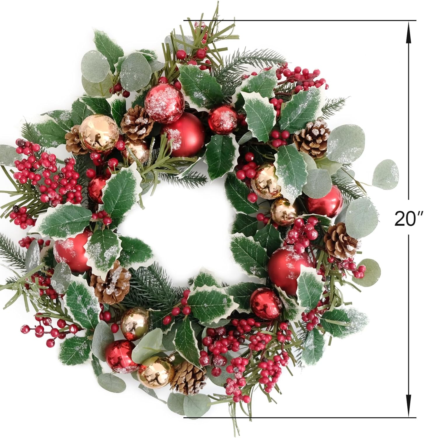 20Inch Christmas Wreath for Front Door - Winter Green Wreath with Holly, Berries, Red and Gold Christmas Balls, Eucalyptus, Pinecones, Xmas Home Decor - Image 2