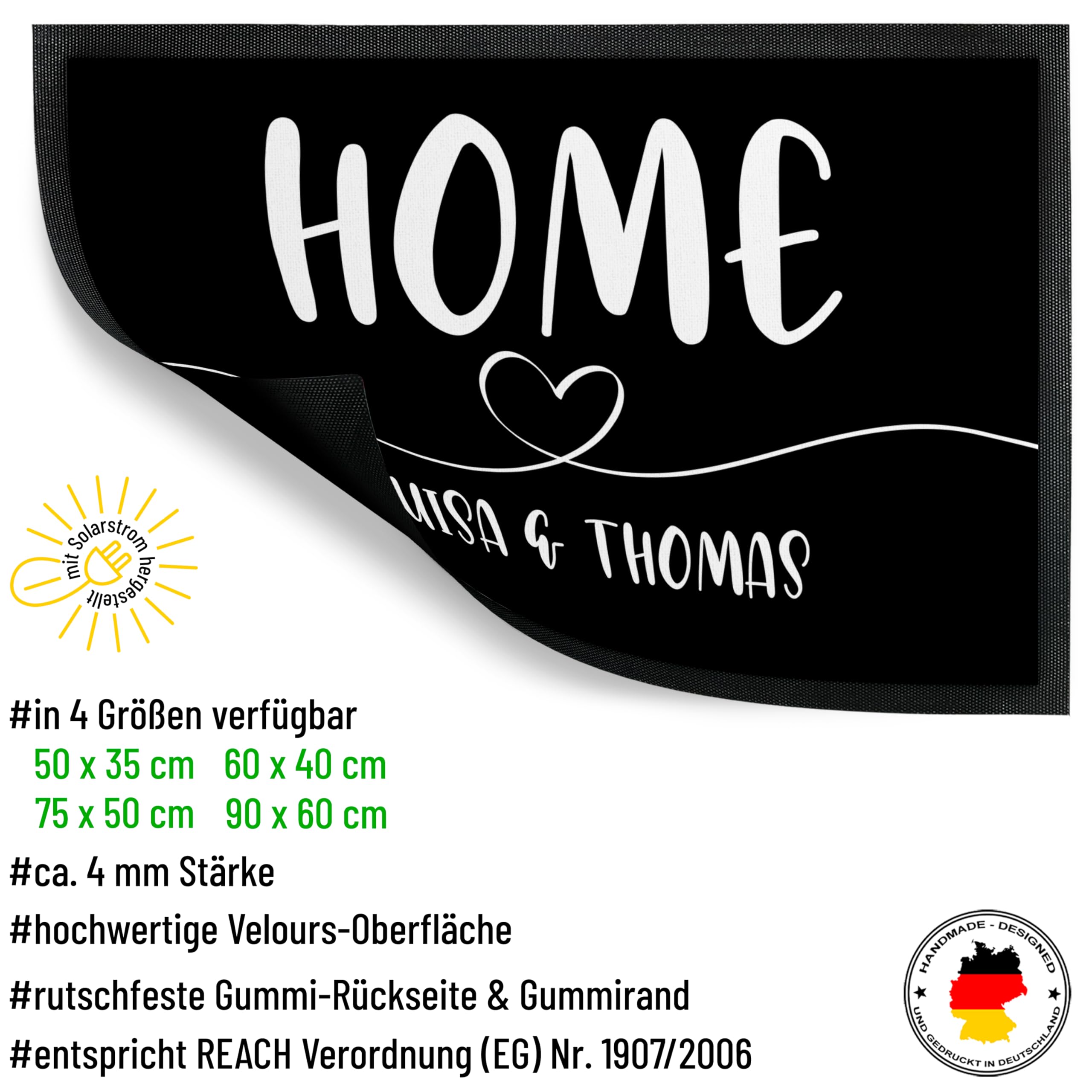 True Statements Personalisierte Fußmatte Home mit Wunschtext - rutschfeste Türmatte 60 x 90 cm