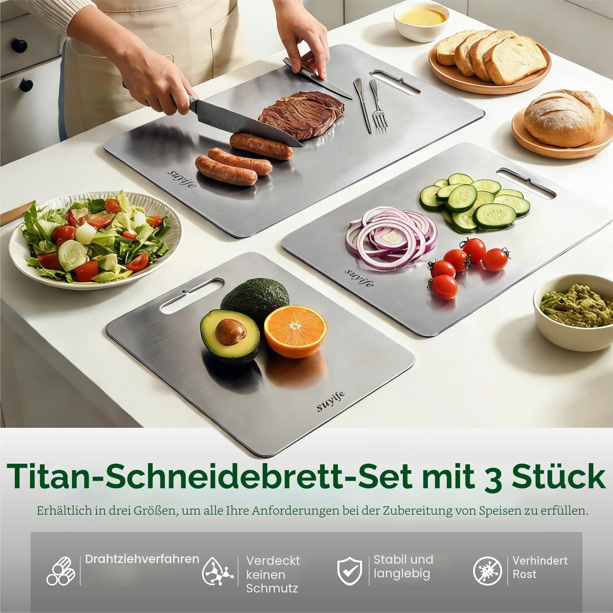 Titan-Schneidebretter 3er Set, 100% reines Titan, Schneidebretter für Küche, doppelseitiges Schneidebrett in Lebensmittelqualität, zum Schneiden von Fleisch, Gemüse, Obst, spülmaschinenfest