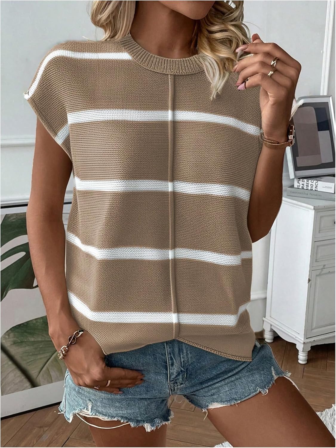 SOLY HUX Women's Striped Sweater Vest Cap Sleeve Crew Neck Casual Knit Pullover Tops - Image 3