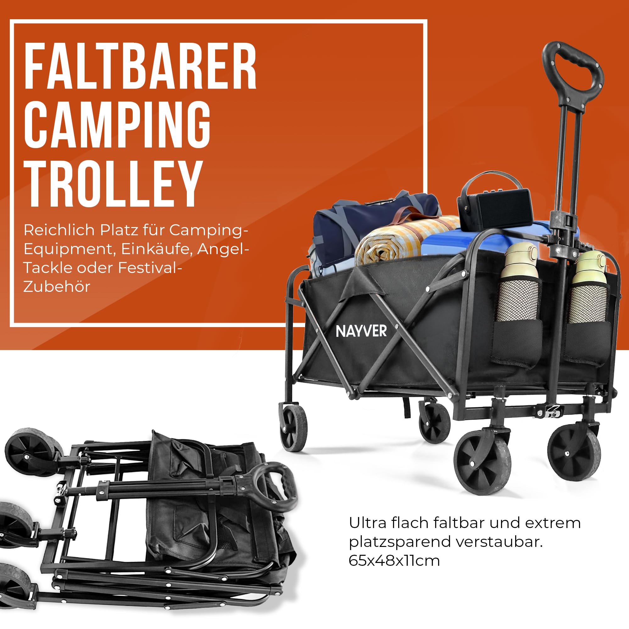 Faltbarer Bollerwagen Camping Trolley Handwagen | Bis 80kg Tragkraft, 60L Volumen, 360° Rädern, 600D Oxford & Stahlrahmen, Für Camping, Angeln & Festivals