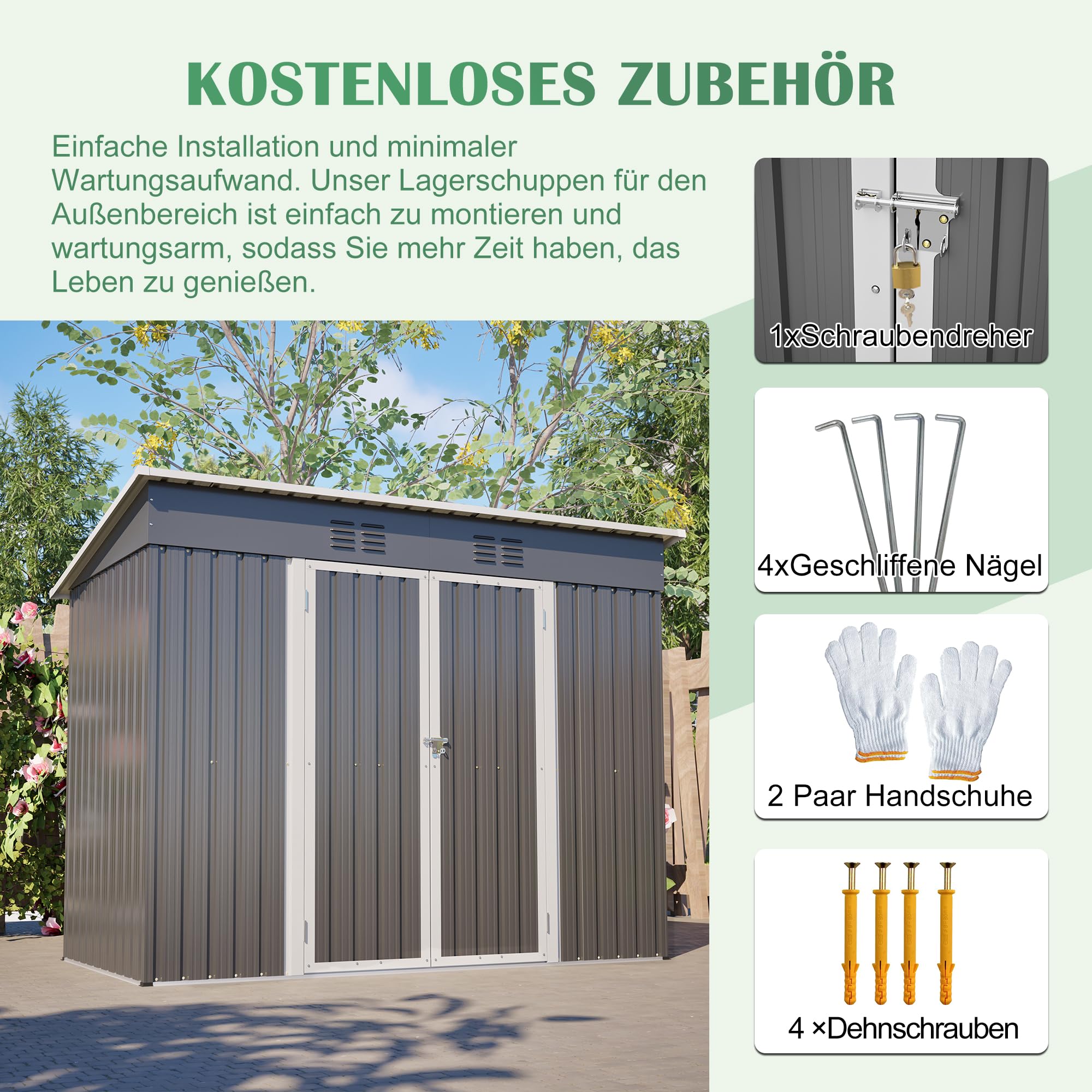 Metall Gartenhaus 229×182×111cm Geräteschuppen mit Bodenbasis,Allwetterbeständig Fahrradschuppen mit 2 Belüftungsgittern，Verzinkter Stahl Outdoor Garten Schuppen Schrank Abschließbarer Doppeltü,Grau