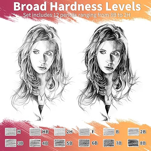 Miniatura 4 de 12 lápices de dibujo  Lápices de dibujo profesionales de grafito (8B-2H) en una robusta caja de metal  Ideal para dibujar, bocetar, sombrear para