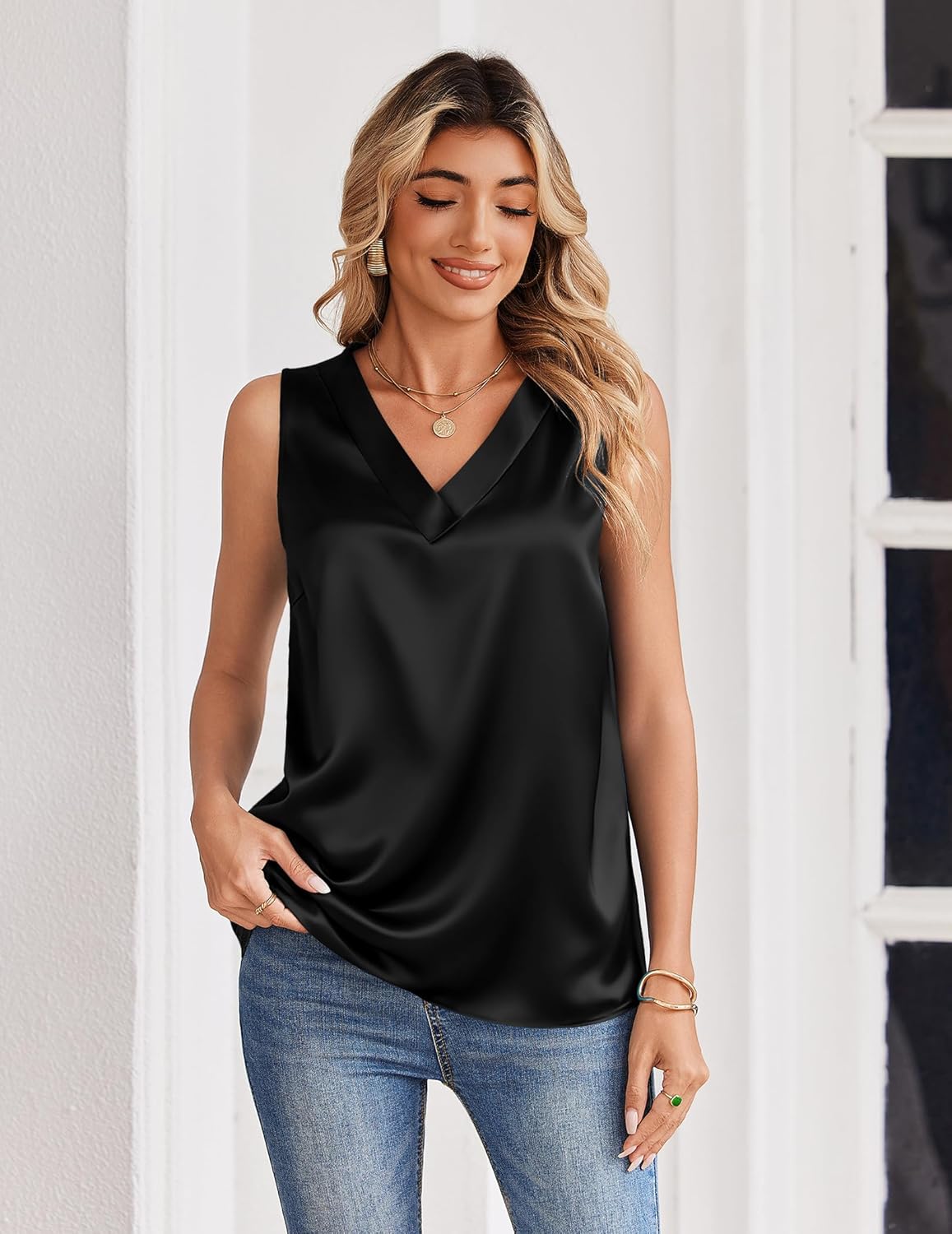 Zeagoo Women's Silk Satin Tank Tops V Neck Casual Camisoles Sleeveless Business Work Blouses Dressy Summer Shirts - Image 3
