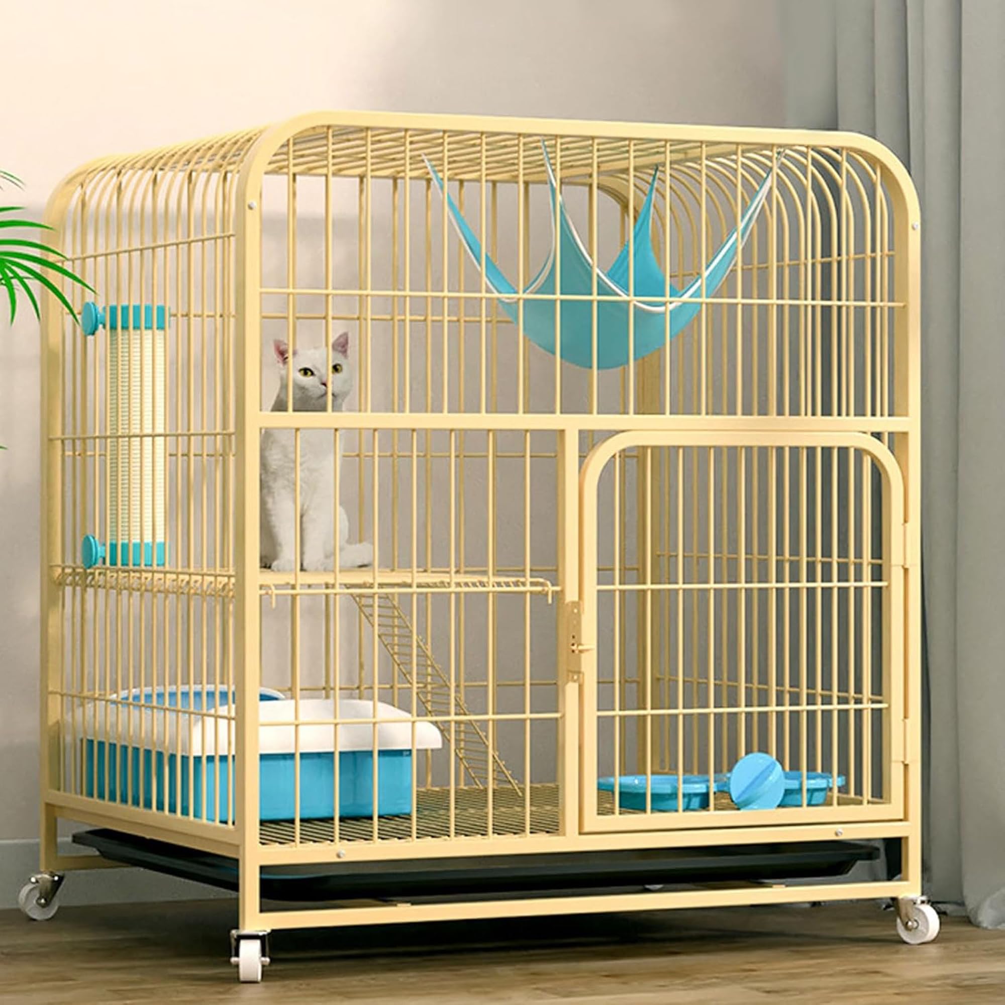 Cat Cage Outdoor Enclosure, Rolling Pet Playpen with 360° Wheels, Hammock, Ladder, and Pull-Out Litter Tray for Indoor/Outdoor Use