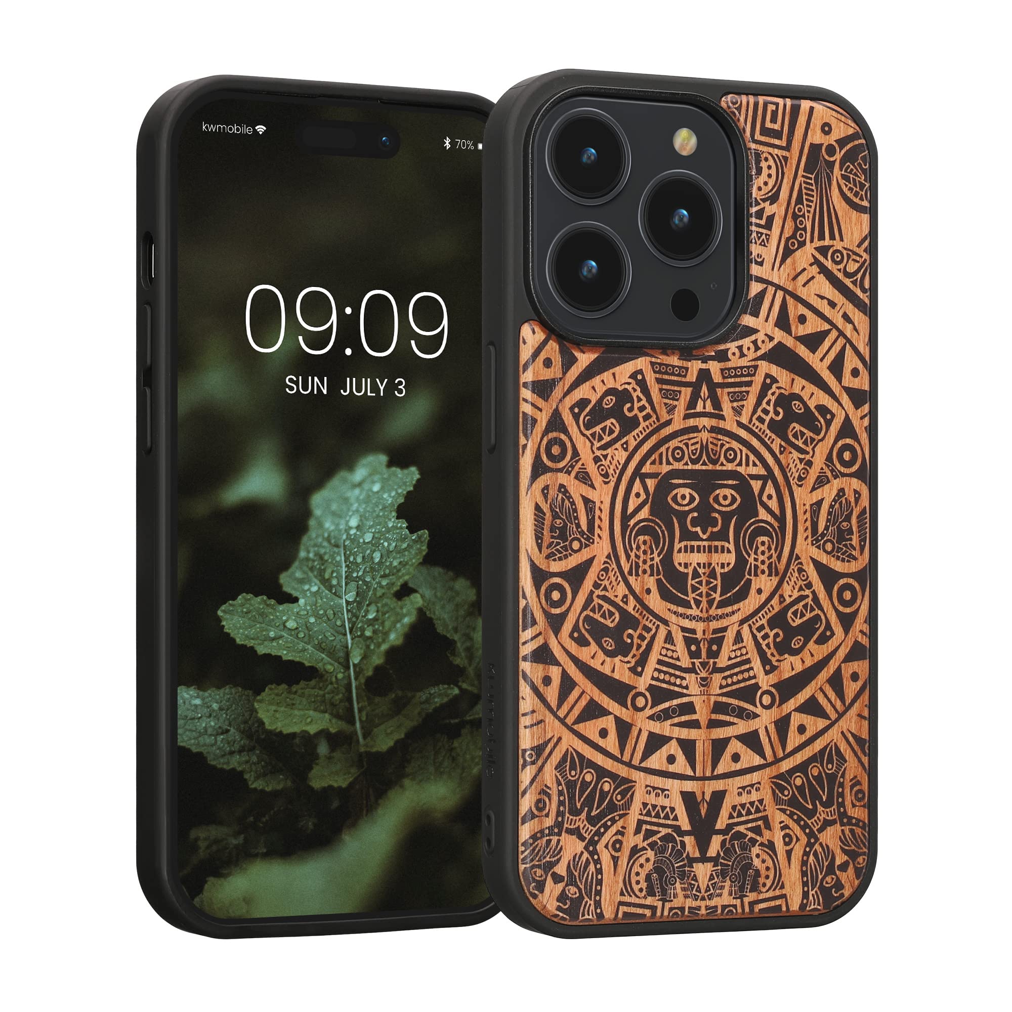 kwmobile Wood Case Compatible with Apple iPhone 14 Pro Case - Cover - Mayan Calendar Light Brown/Black