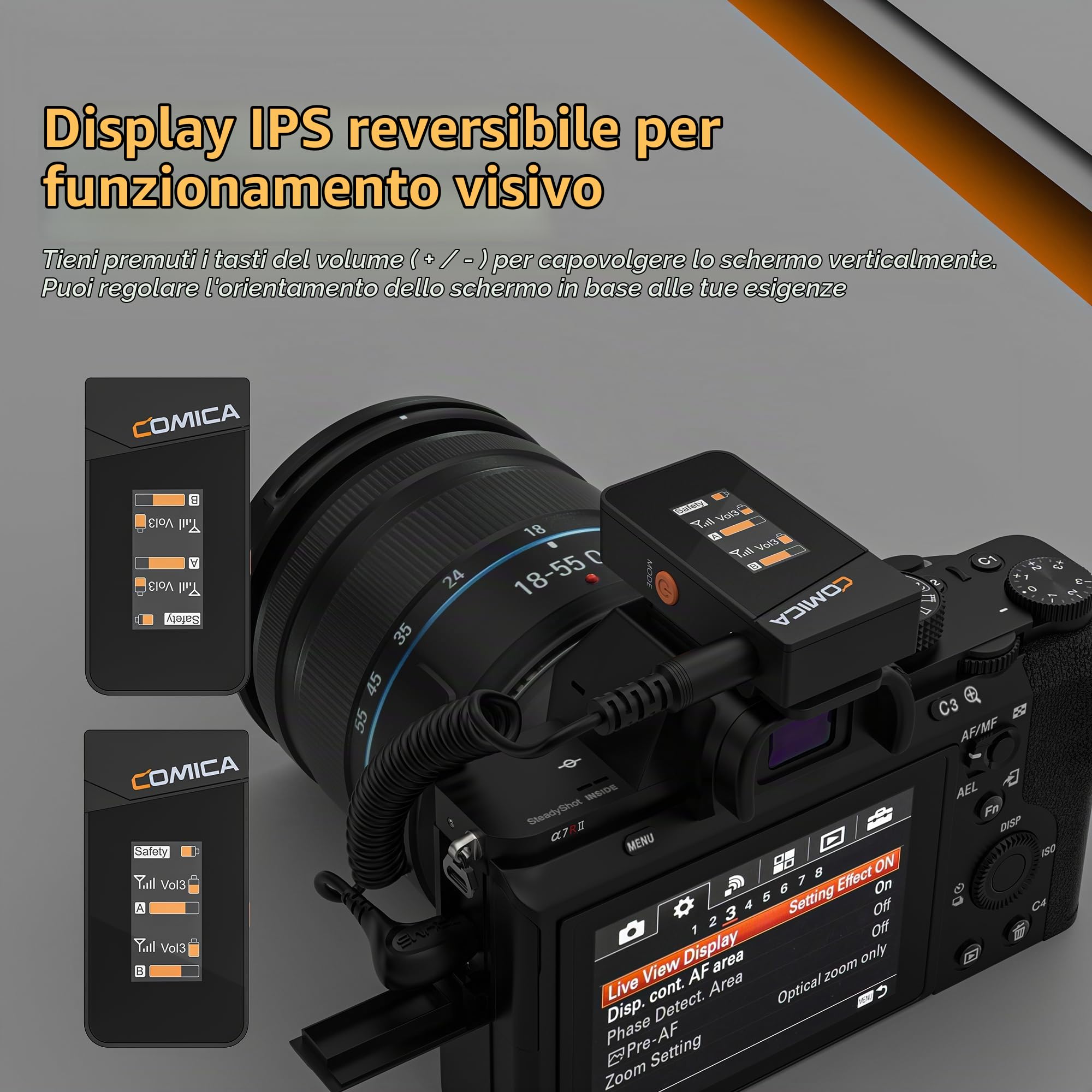 COMICA Vimo C3 Microfono lavalier Wireless con cancellazione del rumore, monitoraggio, silenziamento, Microfono Wireless per fotocamere DSLR iPhone Android Live-Streaming Vlogging e registrazione
