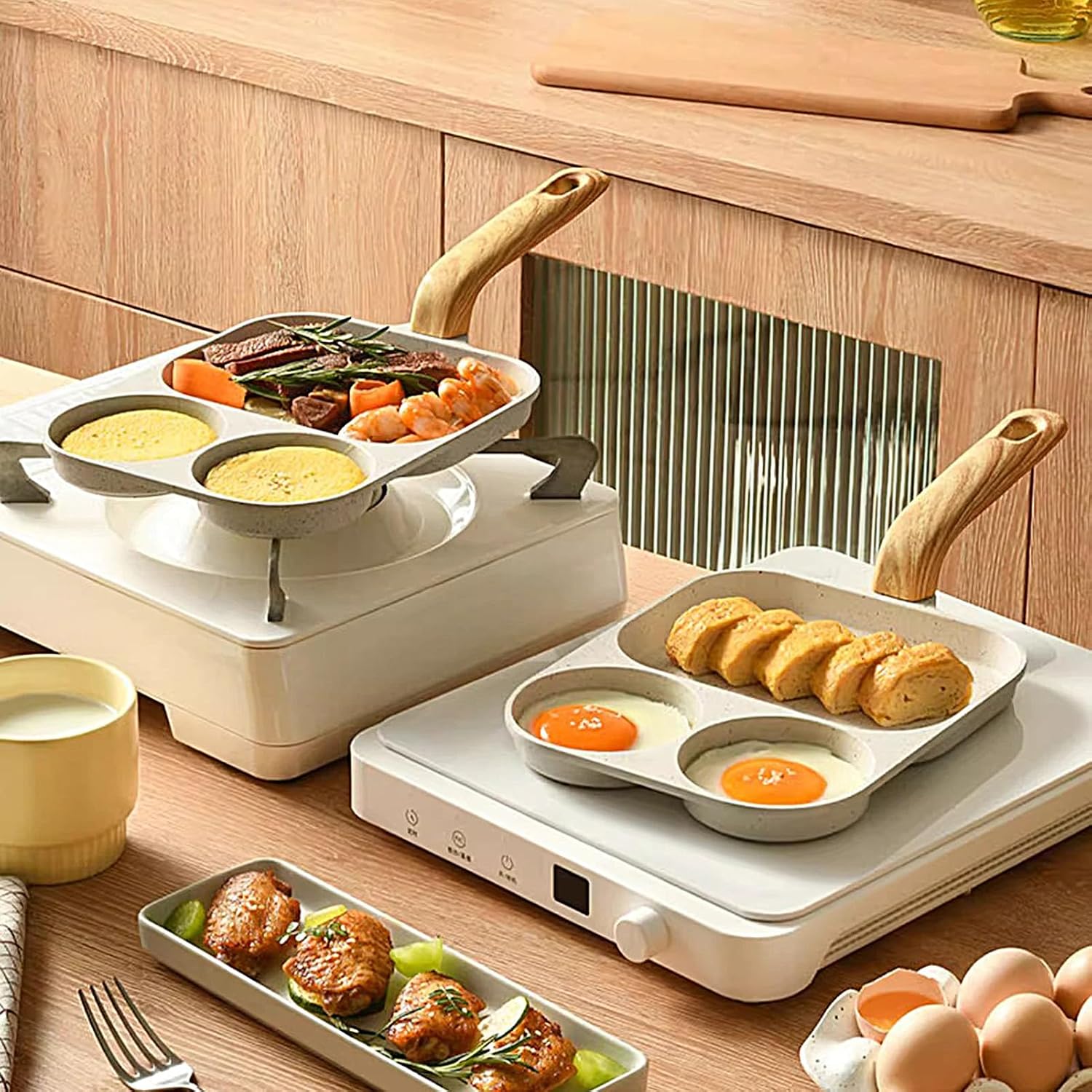 Egg Cooking Pan - 3 Section Non Stick Skillet, Pancake Omelet Bacon Prep, Heat Resistant Handle, Sturdy Easy Clean Design, High Performance Kitchen Tool, Meal Preparation Cooking Home 39x19x9cm