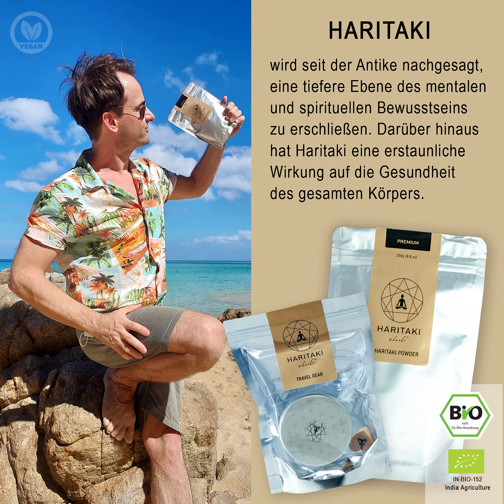 BIO Haritaki Pulver - Premium Qualität - Veganes Haritaki Ayurveda Pulver - EU Bio zertifiziert, Laborgeprüft, Halal und Kosher - 100% natürlich - Travel-Dose und Messlöffel inkludiert