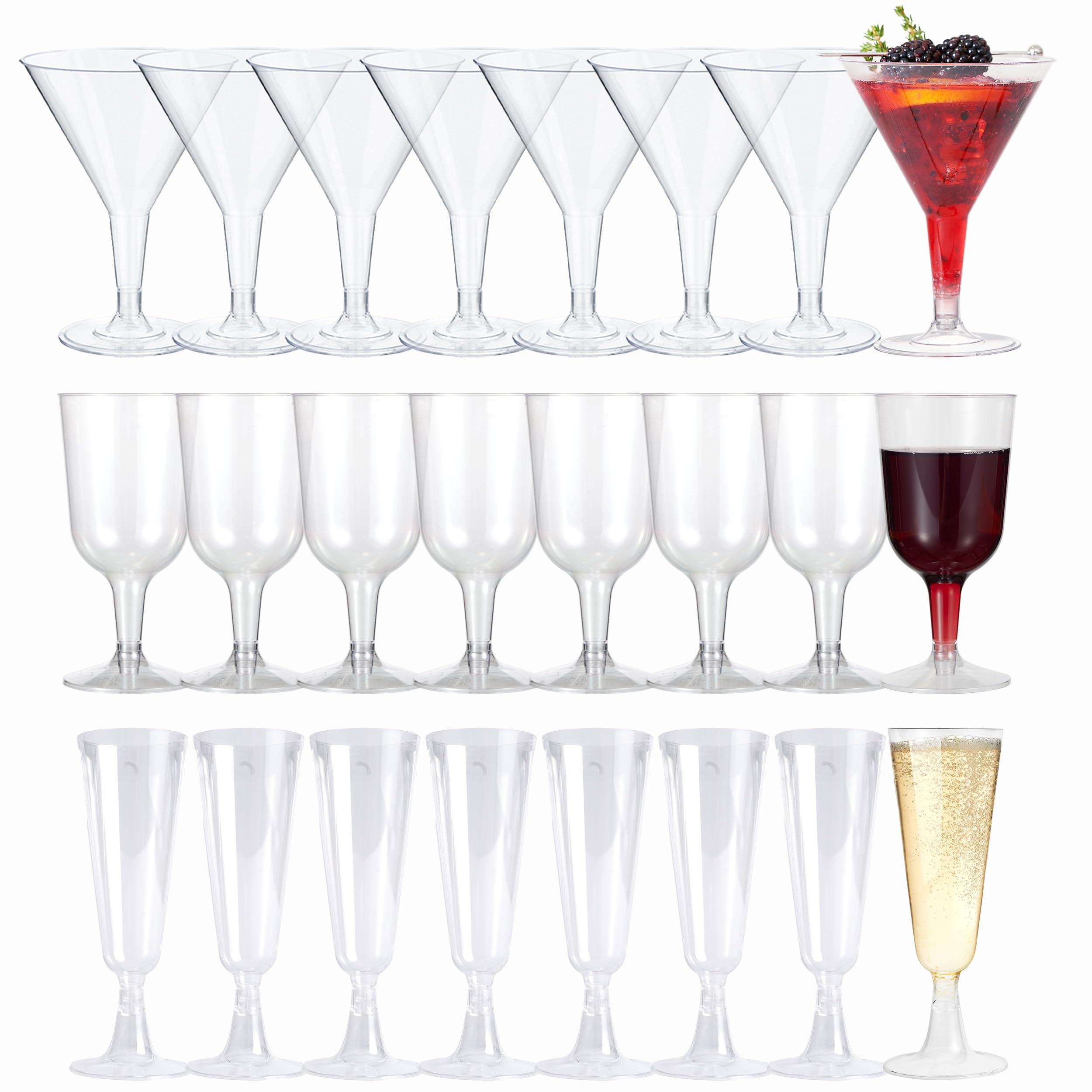 MATANA 144-Piece Premium Plastic Drinkware Set – 48 Martini Glasses (210ml), 48 Wine Cups (180ml) & 48 Champagne Flutes (150ml) – Reusable Party Glasses for Weddings, Birthdays, Parties
