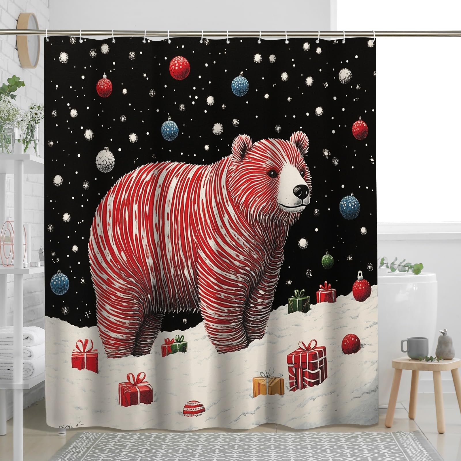 Rideau de douche ours de Noël en polyester haut de gamme avec crochets