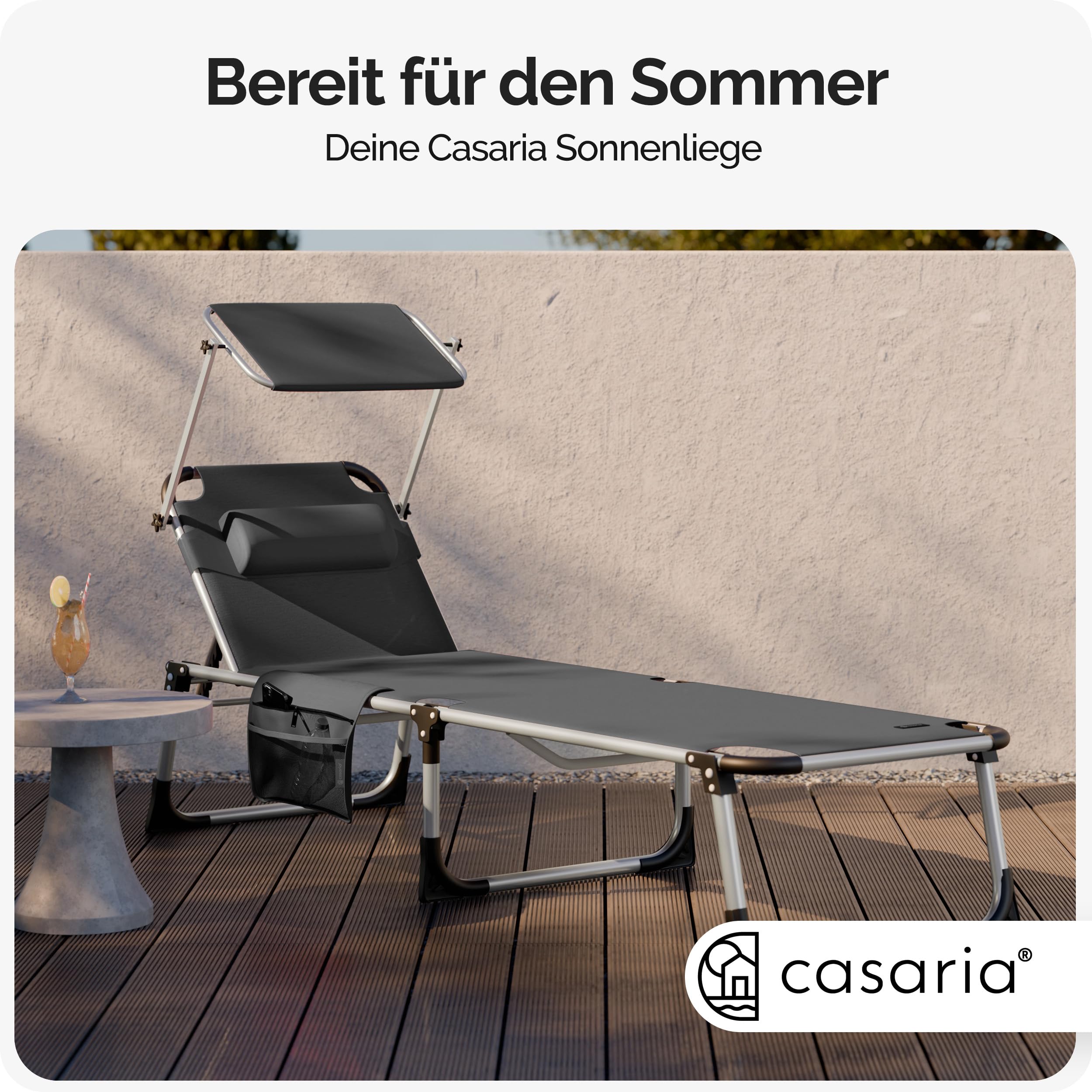 Casaria 2X Sonnenliege Klappbar mit Sonnendach Grau | 210x61cm, Wetterfest, Aluminium, Garten, Terrasse, 180 kg belastbar, Liegestuhl, inkl. Kissen, Seitentasche, Strandliege