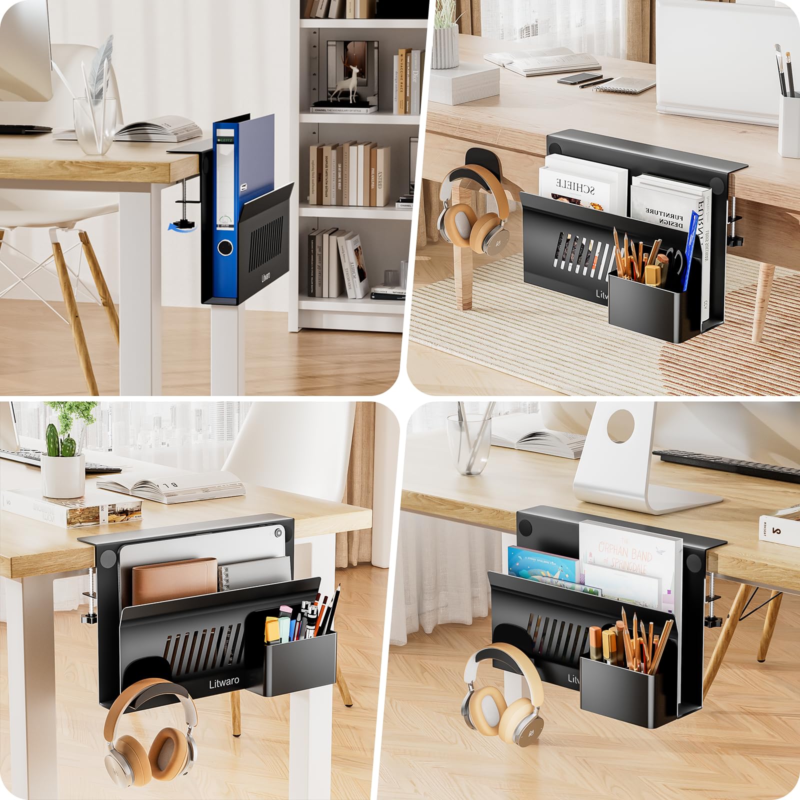 Litwaro Organizer laterale da scrivania, supporto da scrivania per laptop con morsetto sulla mensola della scrivania, senza trapano, supporto da scrivania con portapenne, organizer da scrivania da