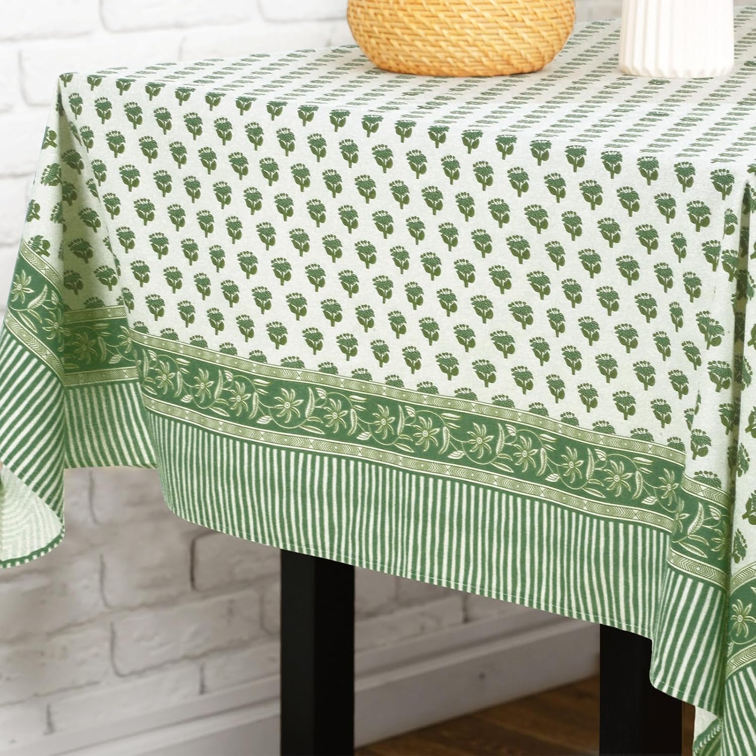60'' x 90'' Cotton Tablecloth Handmade Cotton Floral Tablecloth Washable Print Rectangle Table Cover with Dust Proof Wrinkle Resistant for Kitchen Dining Party Buffet(Green,Emerald Green) - Image 5
