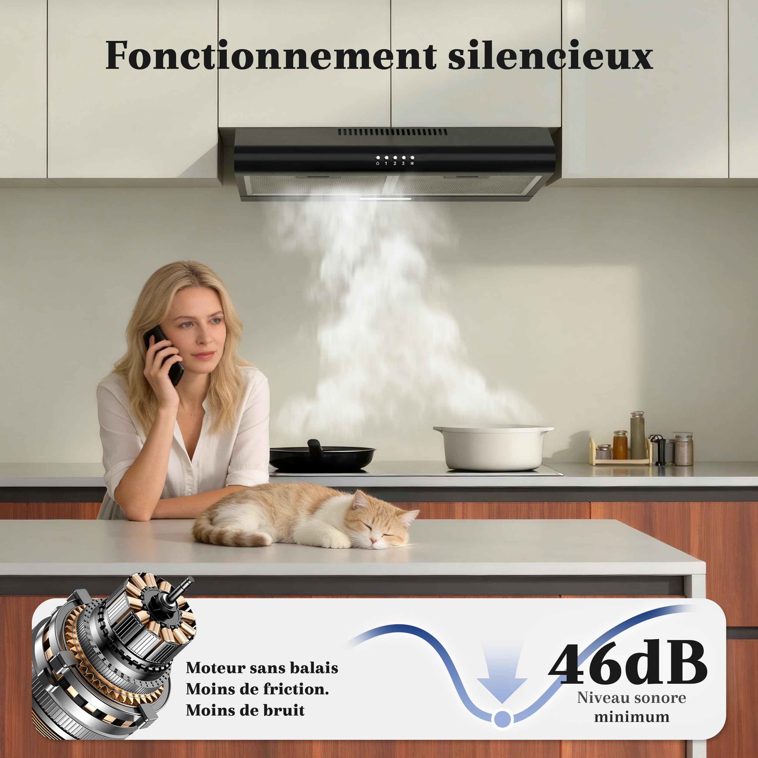 FIREGAS Hotte Aspirante 60cm Noire A++, Moteur Brushless Silencieuse 46dB, Débit 319m³/h, Hotte Cuisine avec Filtres à Charbon, Évacuation Top/Arrière ou Recyclage