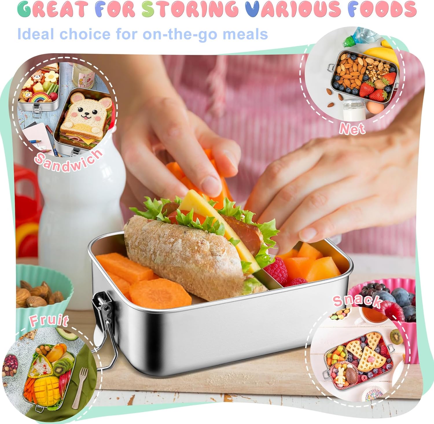 TeamFar Stainless Steel Bento Box, 2 Pack 28oz+47oz Metal Lunch Box with 3 Compartments for Adults Kids, 850ml+1400ML Lunch Food Containers for School/Work/Meal Prep, Leak-Proof & Dishwasher Safe