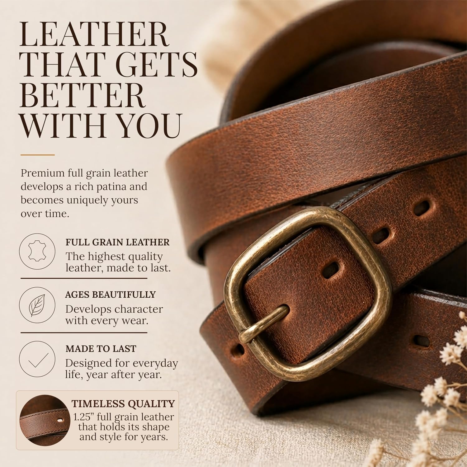 Maci Women Leather Belt for Jeans - Made in USA - Genuine Full Grain Womens Belt 1.25in, Brown or Black Ladies Leather Belts