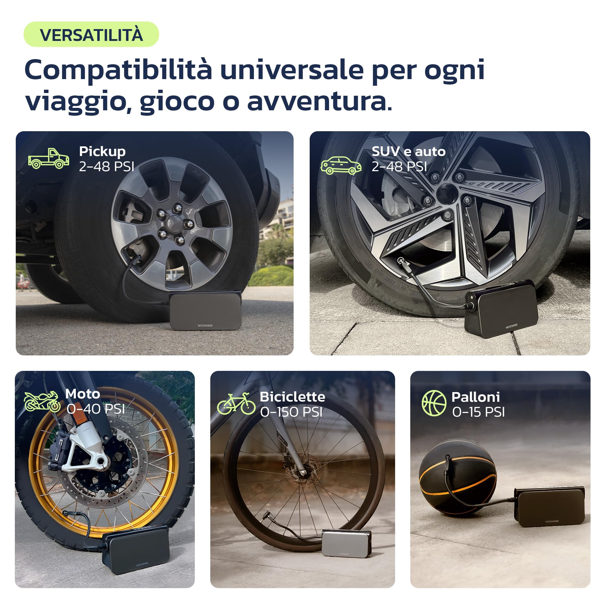 Woowind 3-in-1 Avviatore Batteria Auto con Compressore, 150 PSI/10,3BAR | Booster Avviamento Auto 12V e Power Bank 65W, Avviatore di Emergenza per Auto 6.0L / Diesel 3.0L, 16000 mAh con Torcia LED