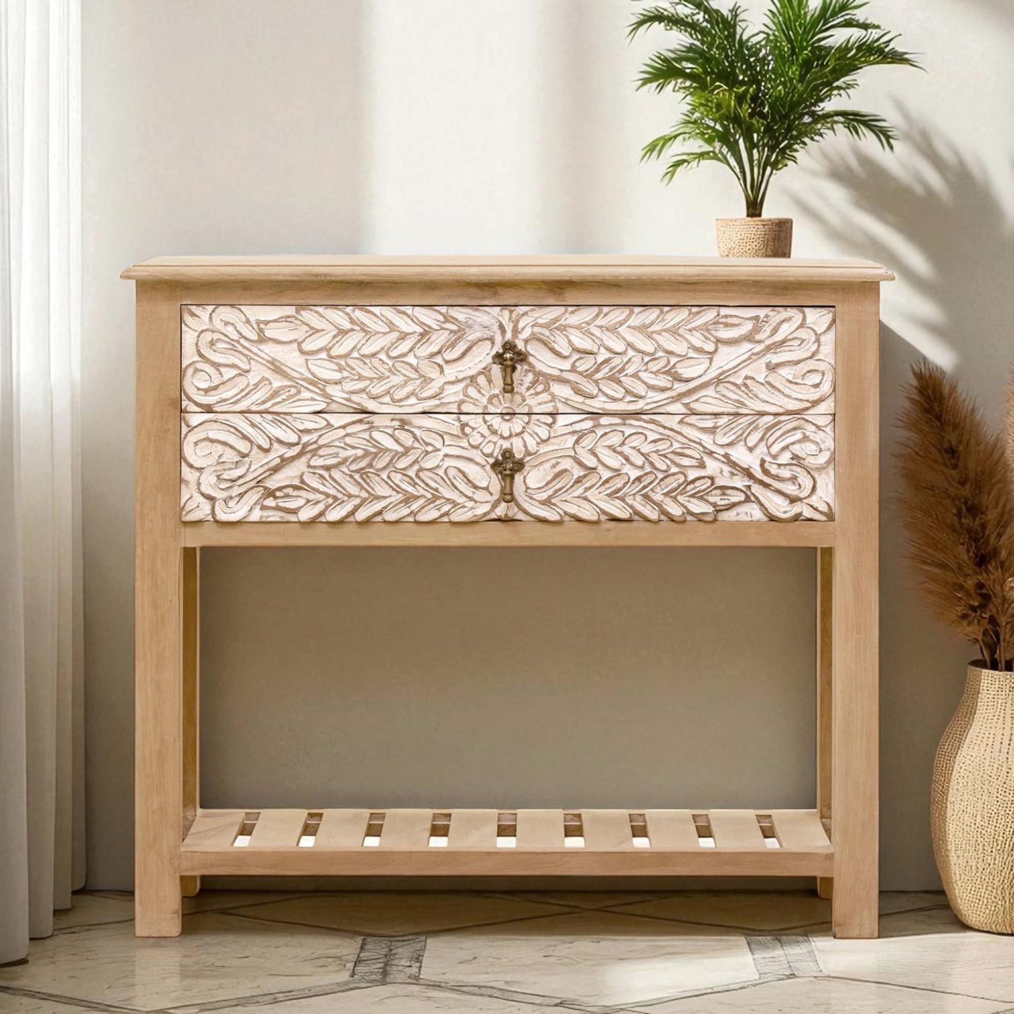 The Attic Jodhpur Wooden Console Table | Classy Solid Wood Console Table for Living Room Foyer | Natural + White Matte Finish-picture-19