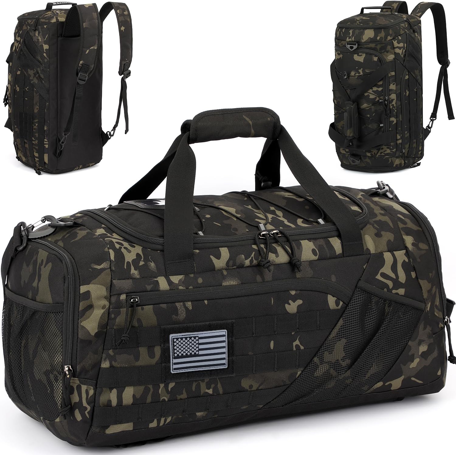 3-in-1 Tactical Gym & Travel Duffle Bag Backpack Men Multi-Functional 45L Military Sports Duffle Bag with Shoe Compartment & Wet Pocket for Workout Weekender Overnight Bag with Molle Webbing, Camo