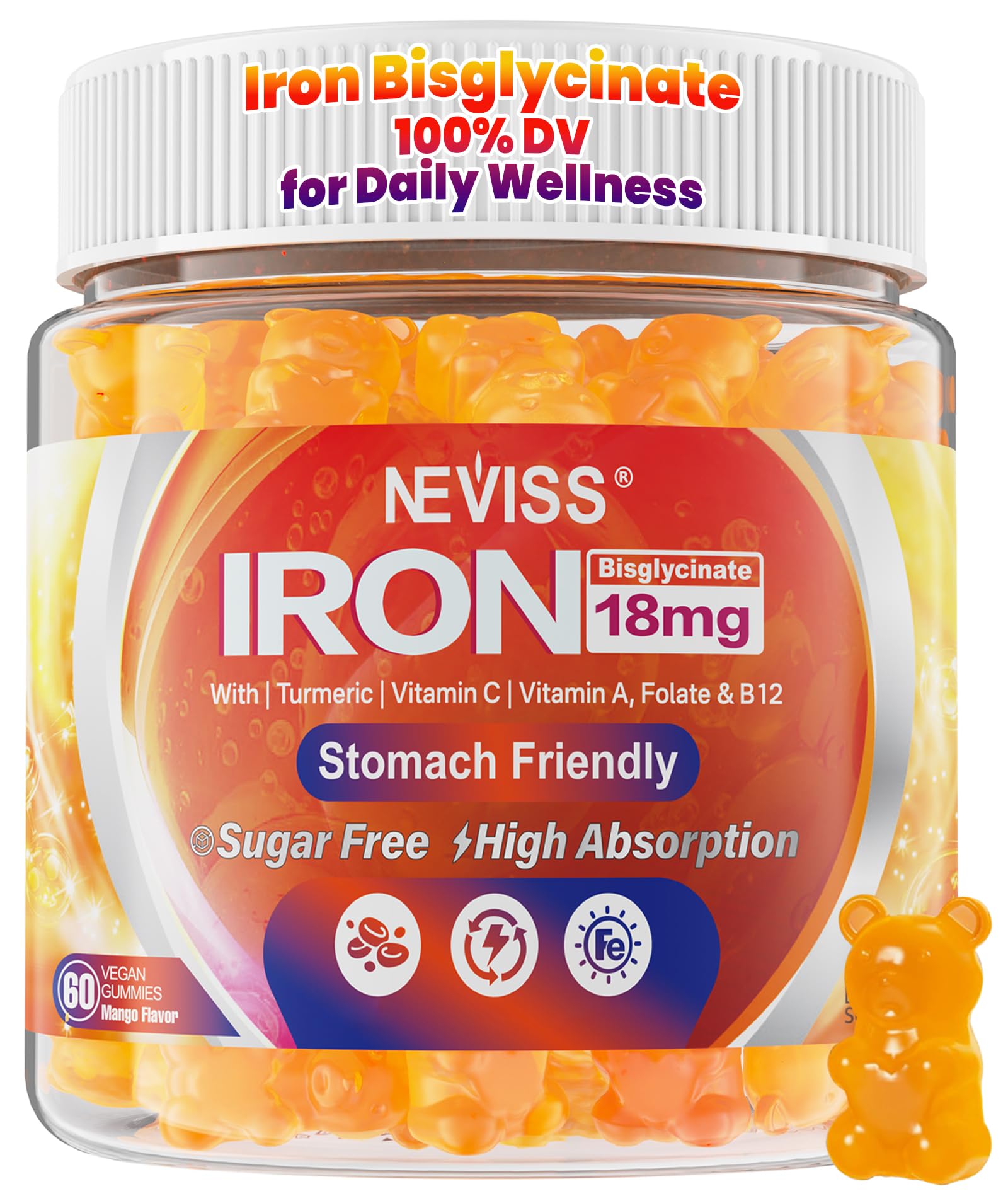 Vegan Iron Gummies for Women & Men, Iron Bisglycinate, 60Cts 60 Count (Pack of 1)