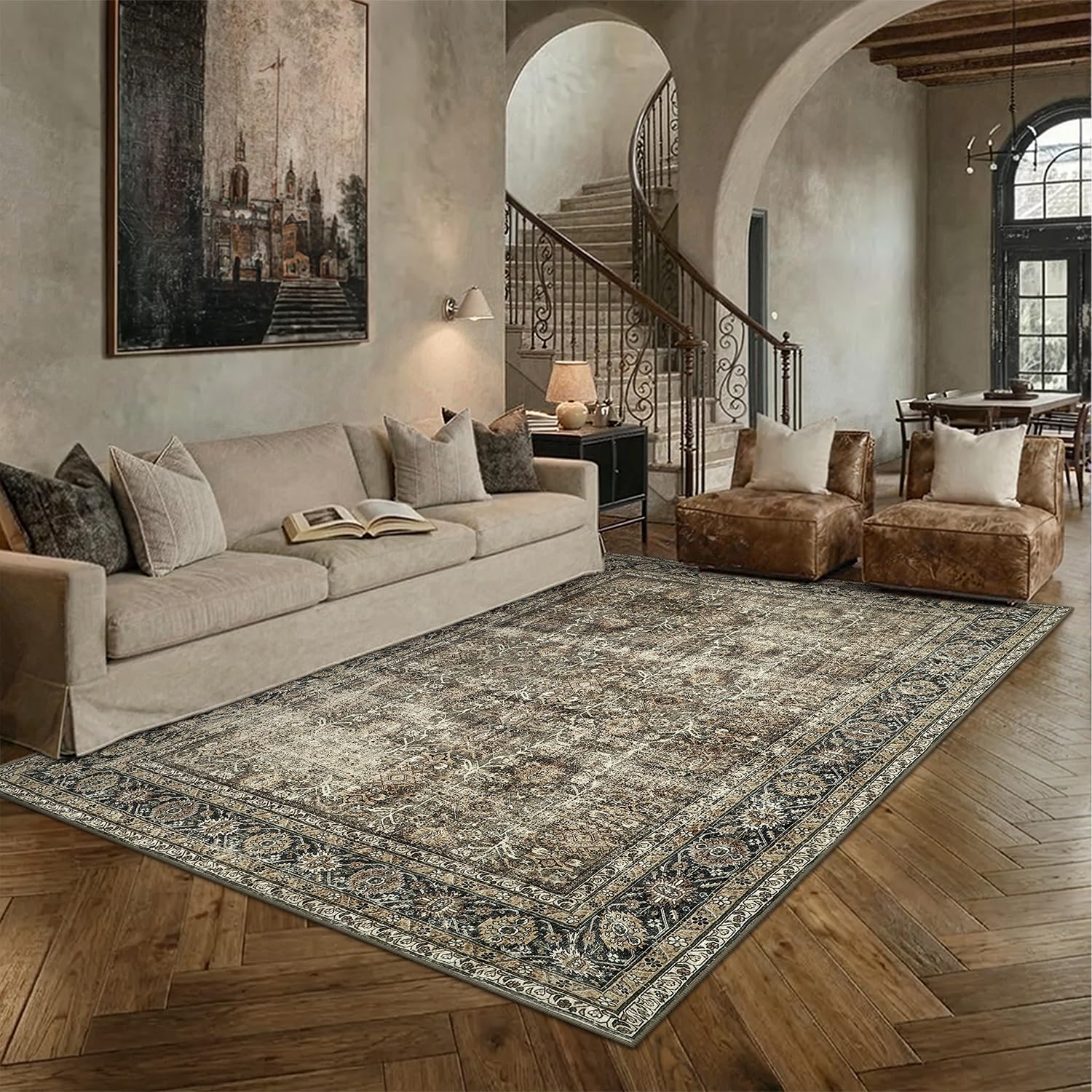 PureCozy Brown Area Rug 6x9 Vintage Traditional Distressed