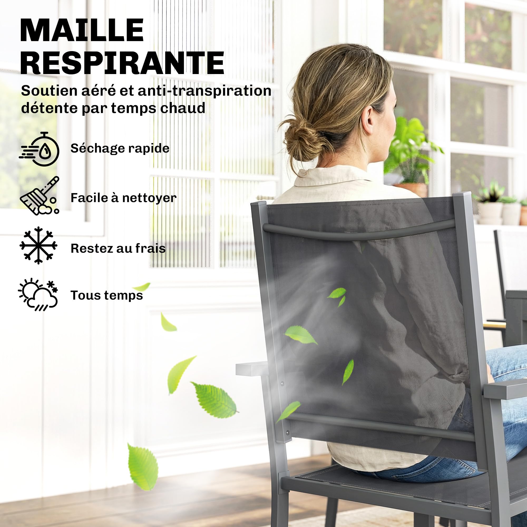 Outsunny Salon de Jardin 7 Pièces - Table Effet Bois sans Entretien et 6 Chaises Empilables en Textilène - Ensemble Mobilier de Jardin Résistant pour Repas en Terrasse, Gris Anthracite
