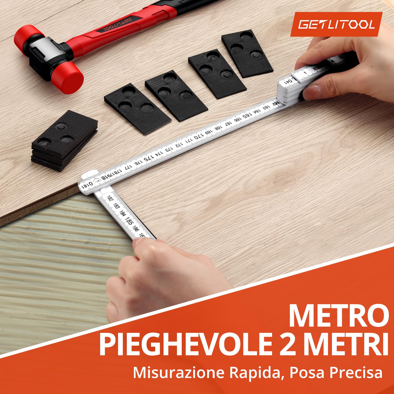 GETLITOOL Kit per Installazione Pavimento Laminato, 60 Distanziatori, Martello in Gomma, Blocco di Battitura con Manico, Barra di Trazione con Feltro, Metro Pieghevole - Strumenti Completi per Parquet