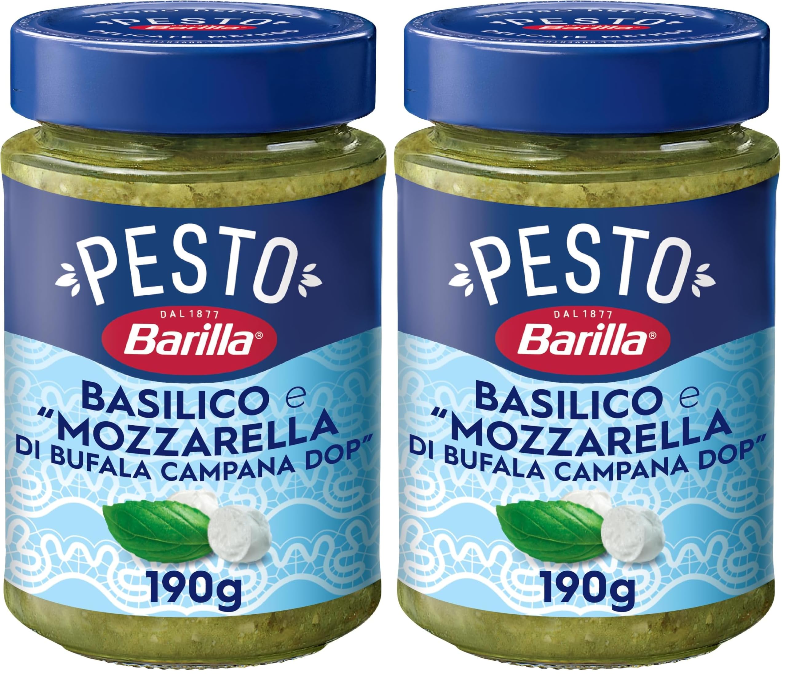 Barilla Pesto Basilico e Mozzarella di Bufala 190g I Glutenfreie Italienische Pasta-Sauce mit Basilikum und Mozzarella, Nudel-Sauce, grünes Pesto (Packung mit 2)