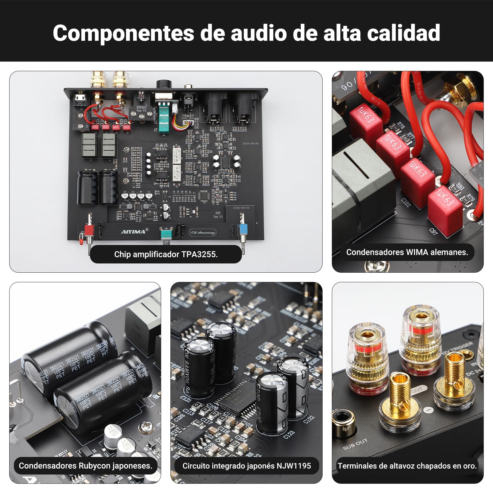 Amplificador estéreo balanceado AIYIMA A20 con Ajuste HPF Home HiFi 2.1 Amplificador de Clase D de Escritorio TPA3255 PFFB con Entrada RCA/XLR y Entrada de Disparo de 12 V para Altavoces pasivos