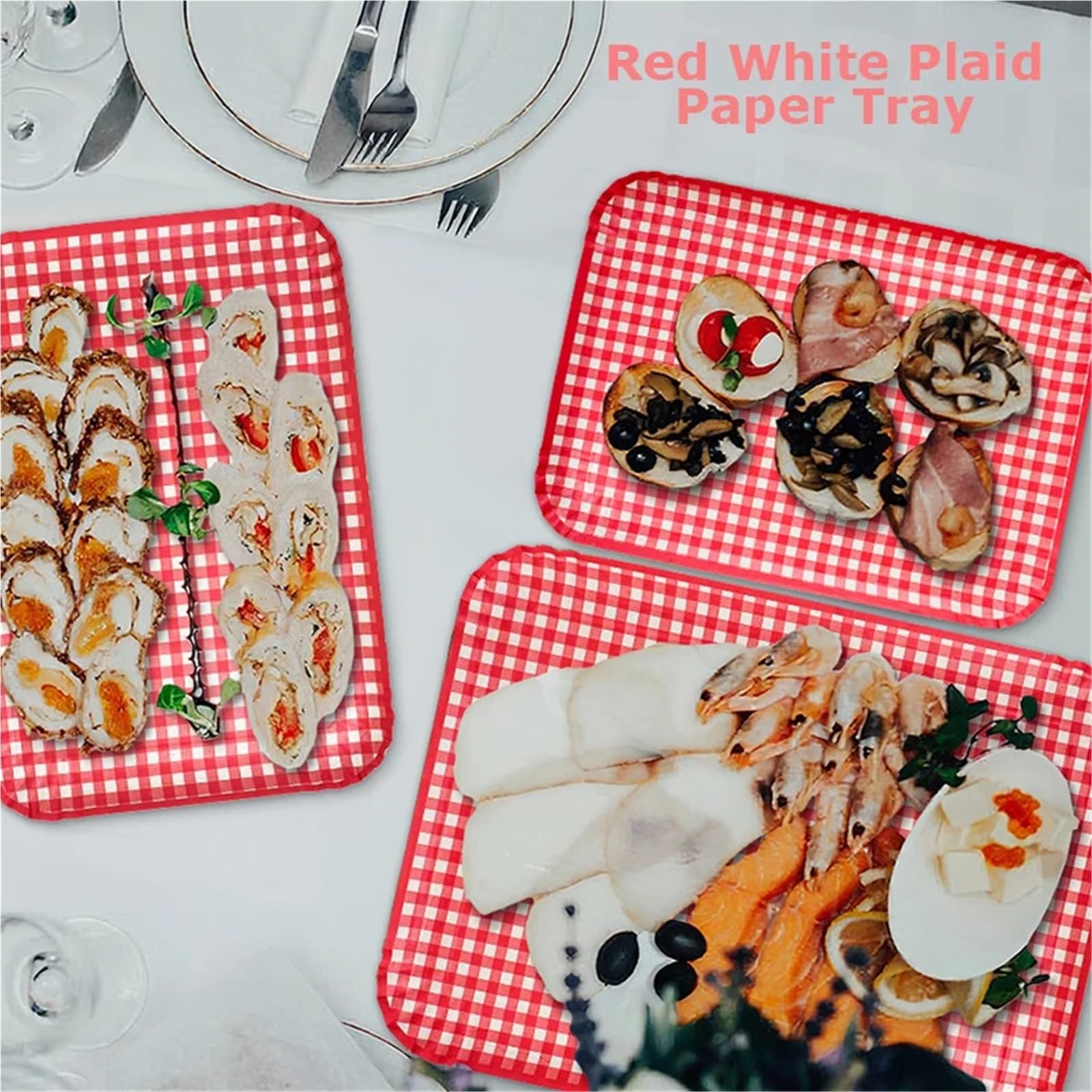 Lot de 12 assiettes jetables en carton épais à carreaux rouges et blancs pour dîner de famille, pique-nique, barbecue, anniversaire et fournitures de fête à carreaux (L)
