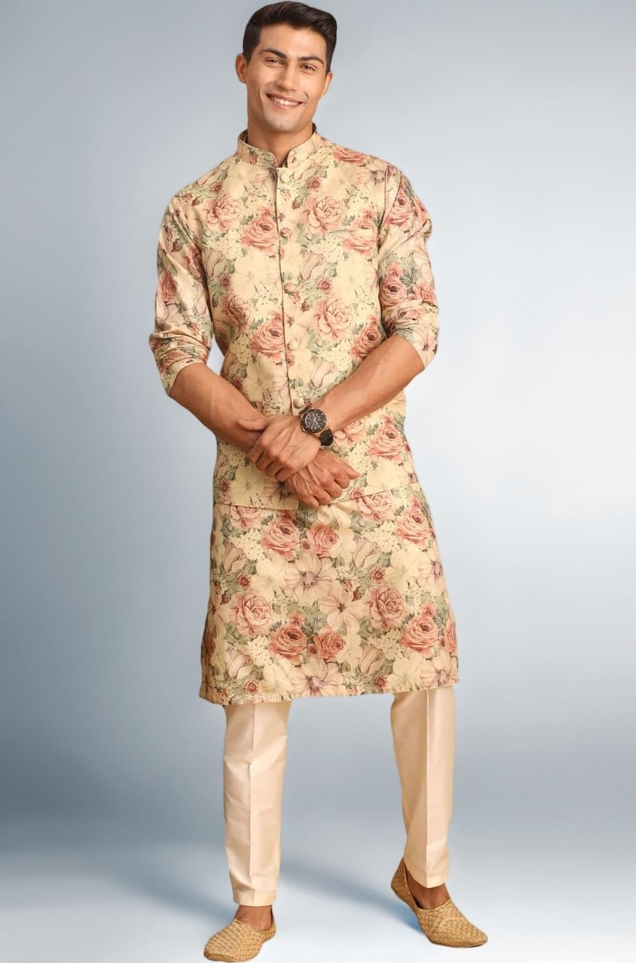 Men's Multicolor Base Silk Blend Jacket, Kurta and Pyjama Set || Classic Flower Print Nehru Jacket with Kurta and Pyjama - Perfect for Festive Occasions