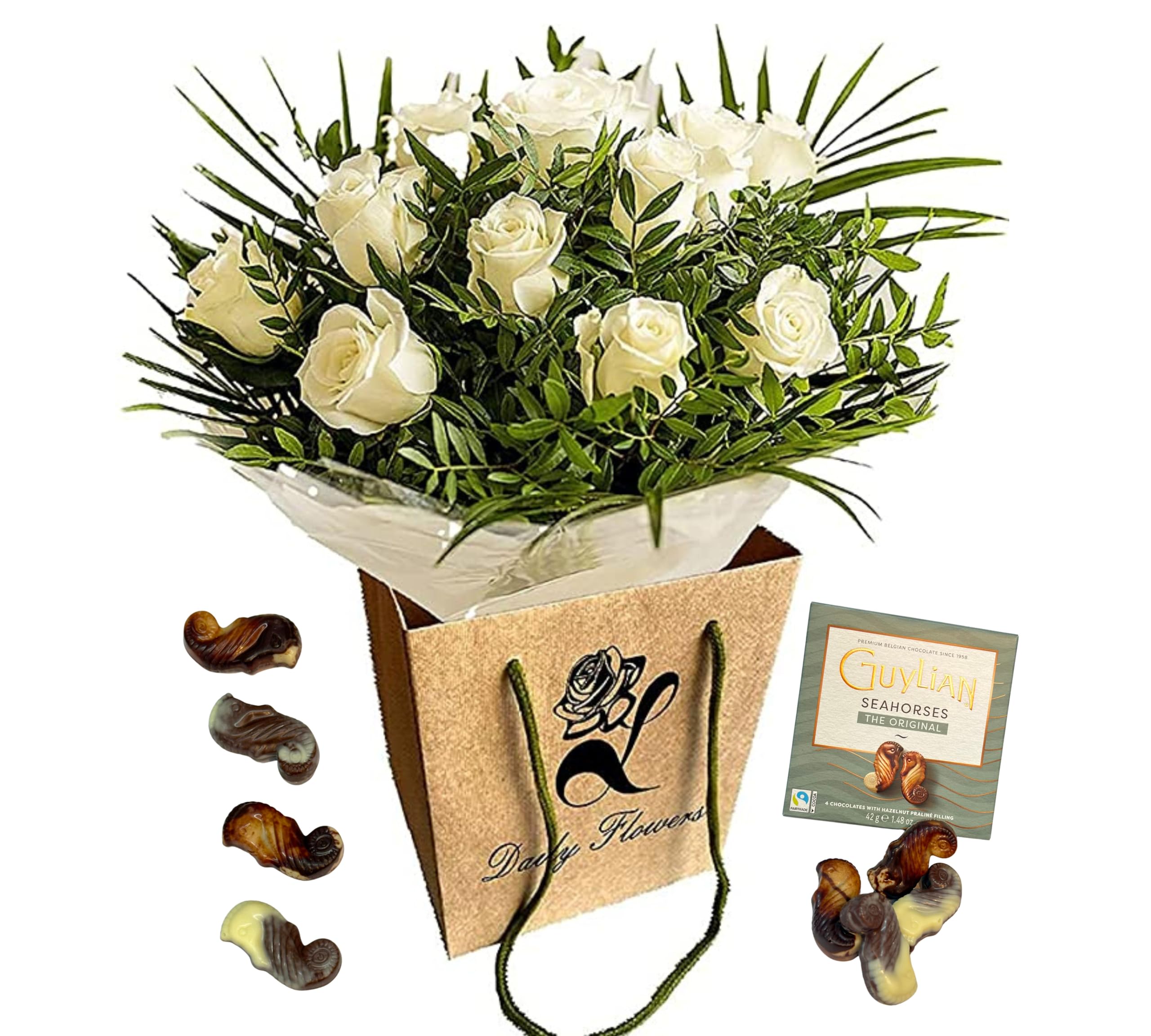 Pure Delight White Roses Bouquet – Fresh Cut Flowers for Birthdays, Anniversaries, Bridal, Get Well, Thank You, Sympathy, Celebrate Occasions – Seasonal Arrangement (Chocolat)