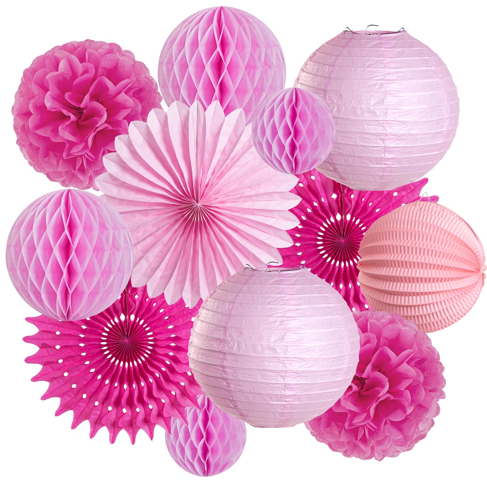 Pompones De Papel Decorativos - Pack 12 Unidades, Tamaños 6'' A 12'', Color Rosa Claro Para Fiestas