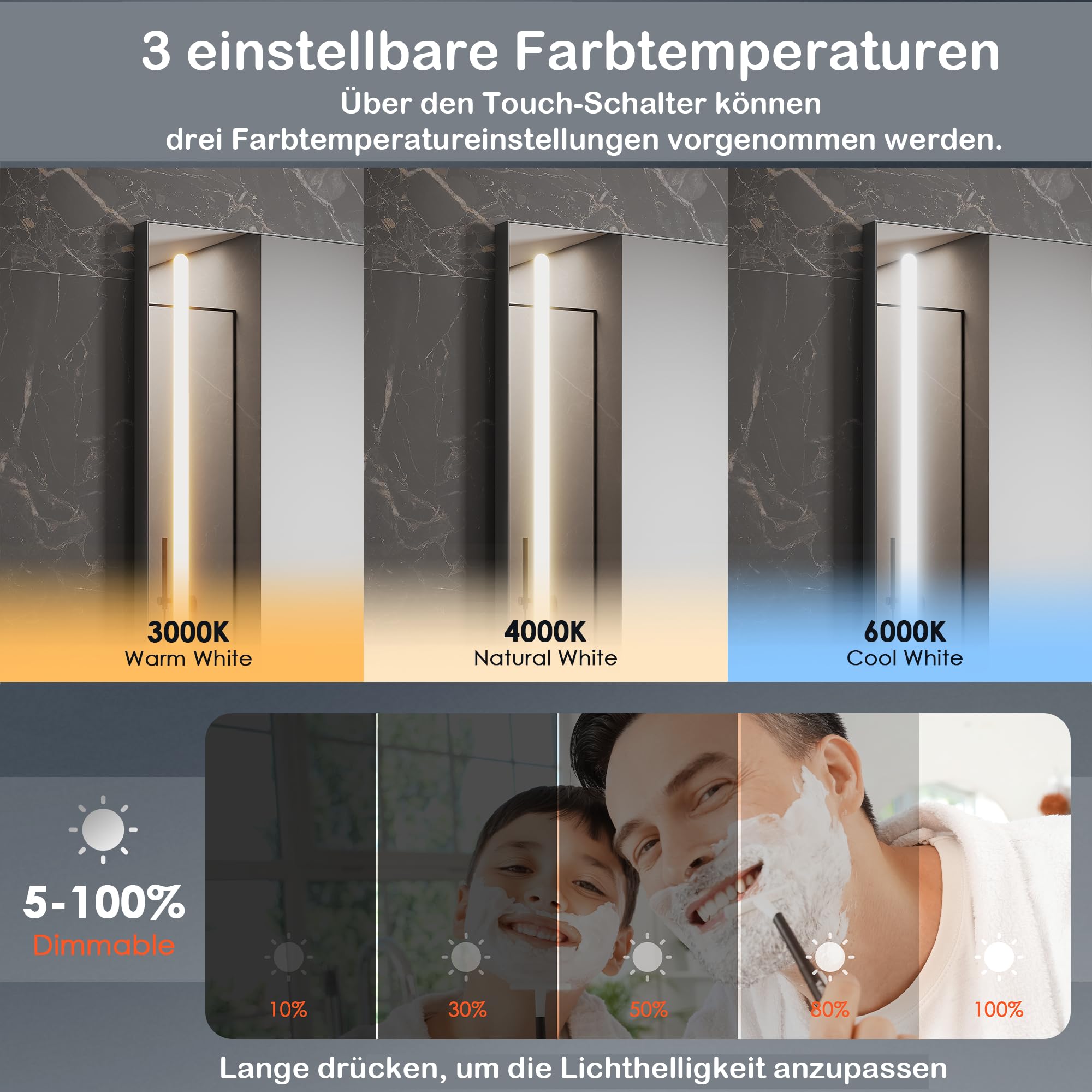 Espejo de baño LED L1200 x H600 mm, espejo de pared con estante de 120 cm y luz lateral, 3 modos de color de luz, espejo de pared con antivaho e interruptor táctil, espejo de baño