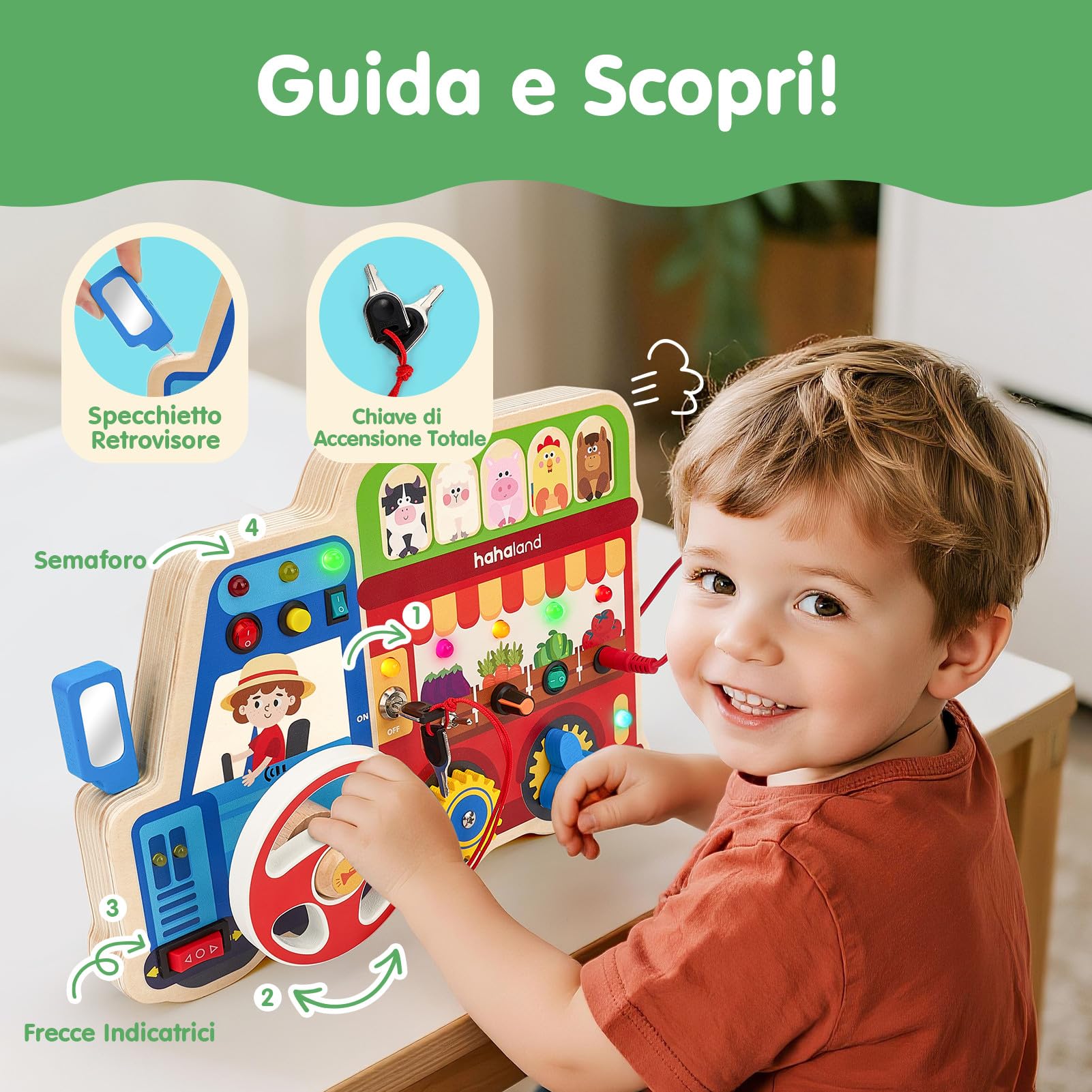 hahaland Busy Board in Legno 2 Anno, Montessori Lavagna attività da Fattoria con luci LED e Suoni, Giochi Legno Giocattolo Educativo Sensoriale Regalo Bambino 2 3 4 Anni