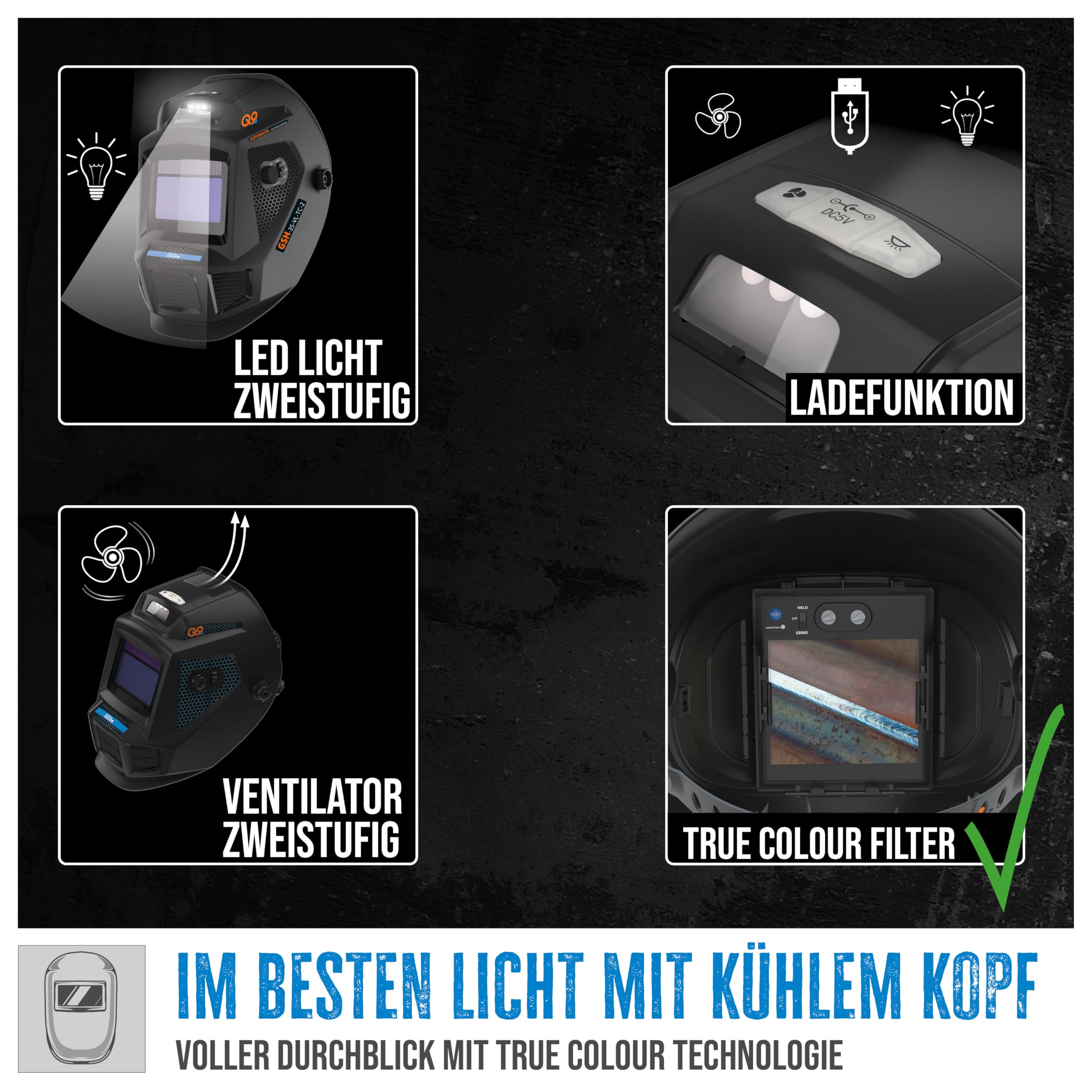 Güde Automatyczny kask spawalniczy GSH-3S-VL-TC-2 (do cięcia/szlifowania/spawania, baterii solarnych i litowo-jonowych, filtr True Color, filtr przyciemniający do samochodu (95 x 55 mm), wentylator i